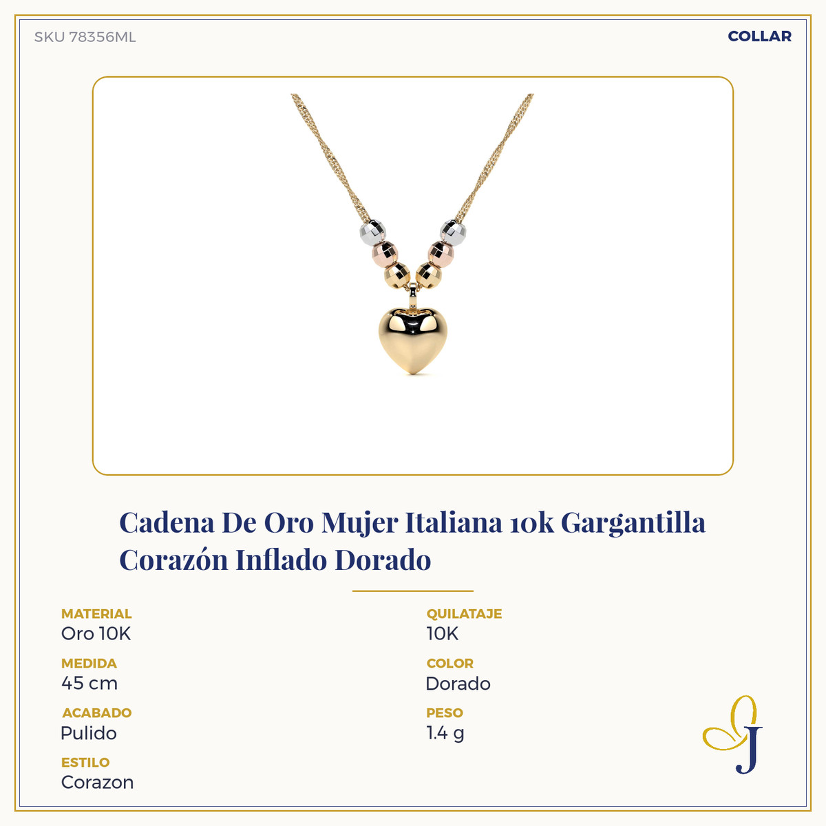 14k or 10K Italian Choker with Puffed Heart and Tricolor Beads