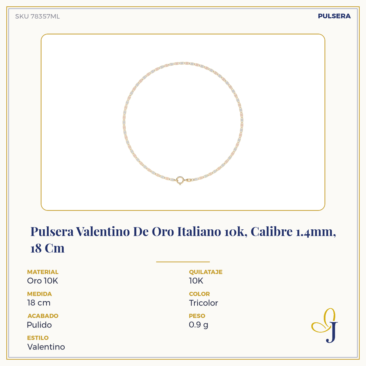 10K Gold Valentino Italian Style Bracelet | Delicate Yellow Gold or Tri-Color Bracelet
