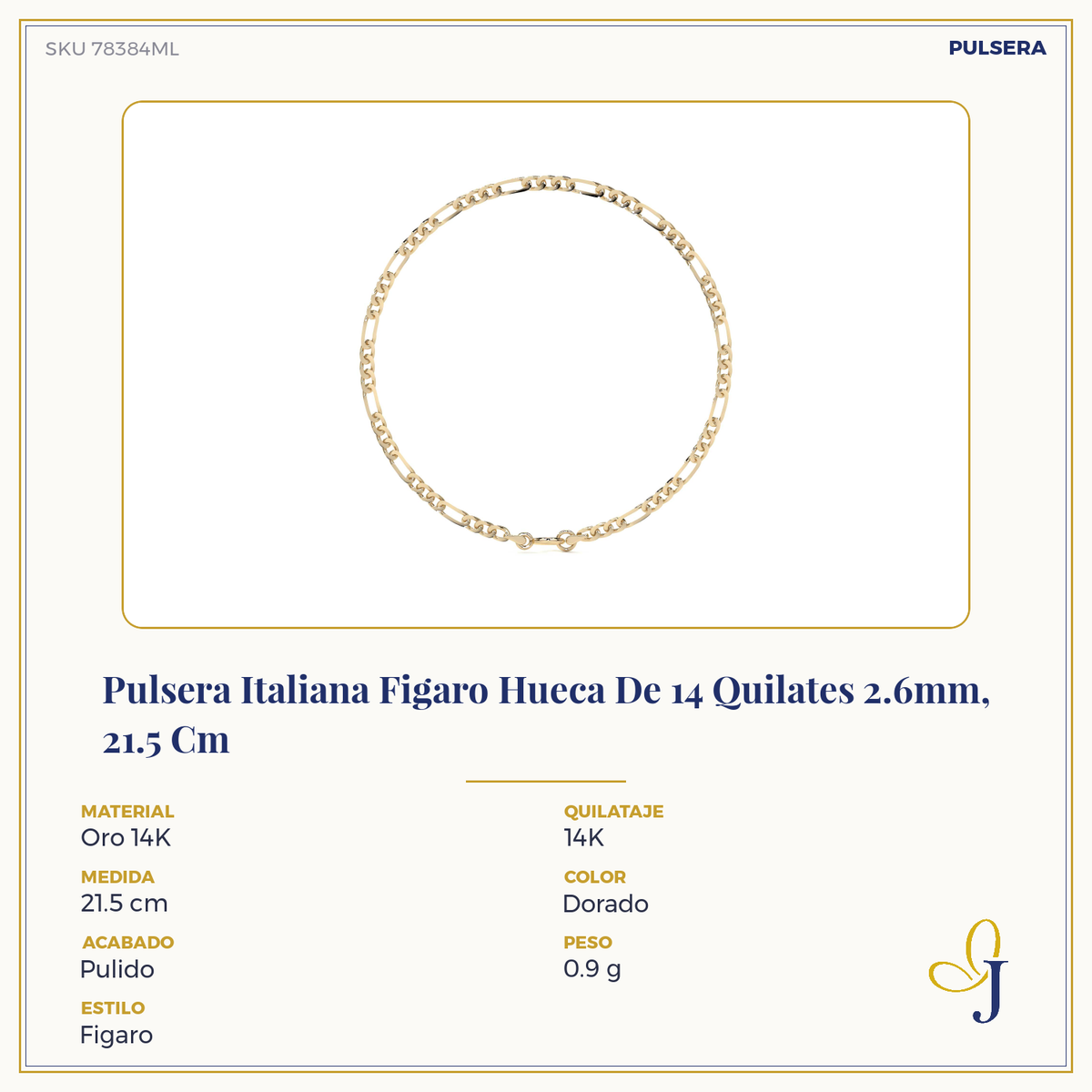 10k Gold Hollow Figaro Men's Bracelet, 2.6mm Gauge, 21.5cm