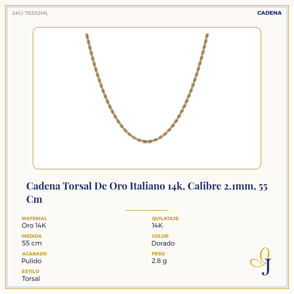 Men's 14k Italian Gold Torsal Chain 2.1mm Gauge