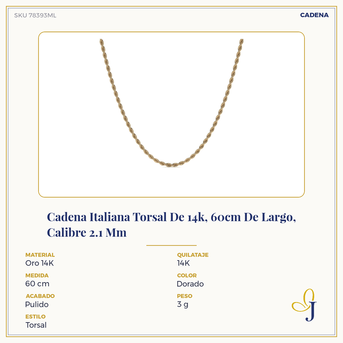 Men's 14k Italian Gold Torsal Chain 2.1mm Gauge