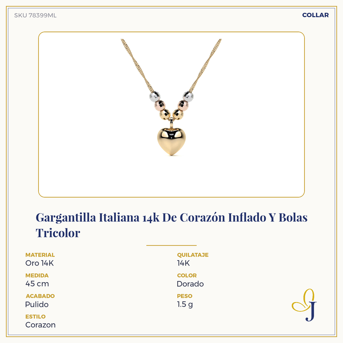 14k or 10K Italian Choker with Puffed Heart and Tricolor Beads