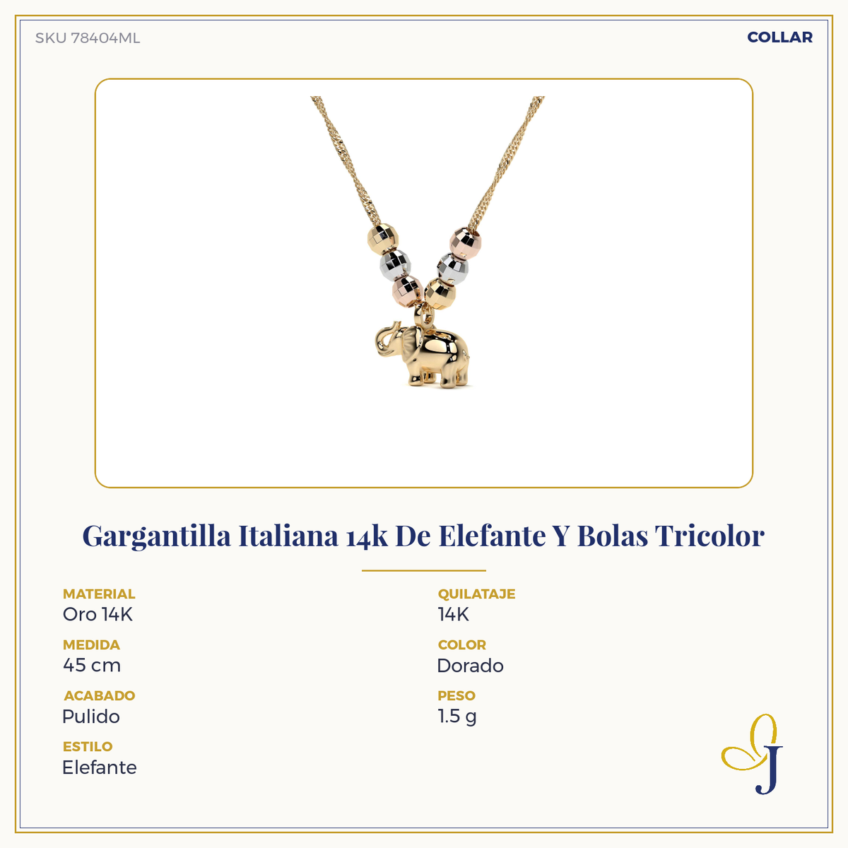 14k Italian Tricolor Elephant and Ball Necklace