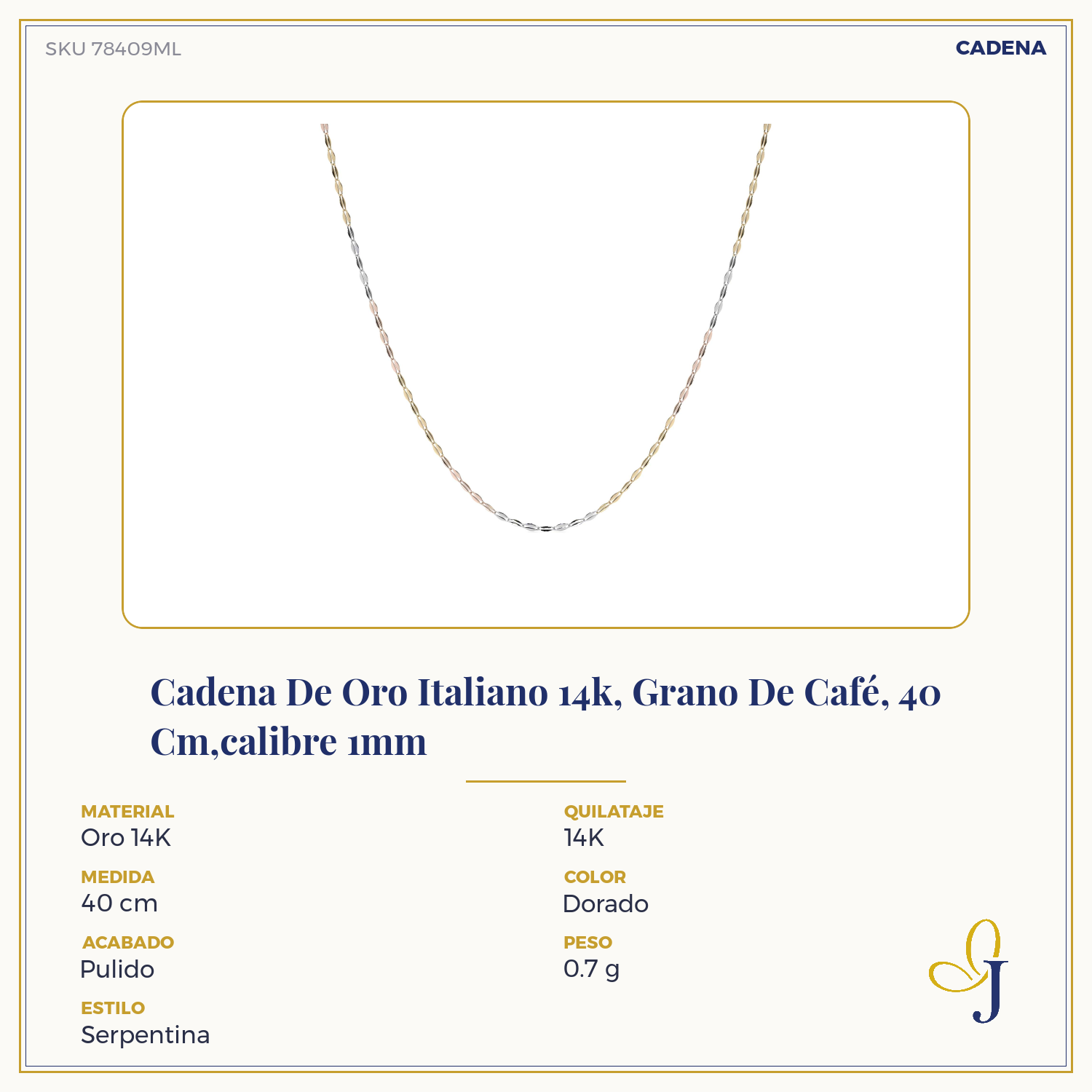 14K Tricolor Gold Coffee Bean Chain | 1mm Italian White, Yellow, and Rose Gold Necklace | 40 to 55 cm
