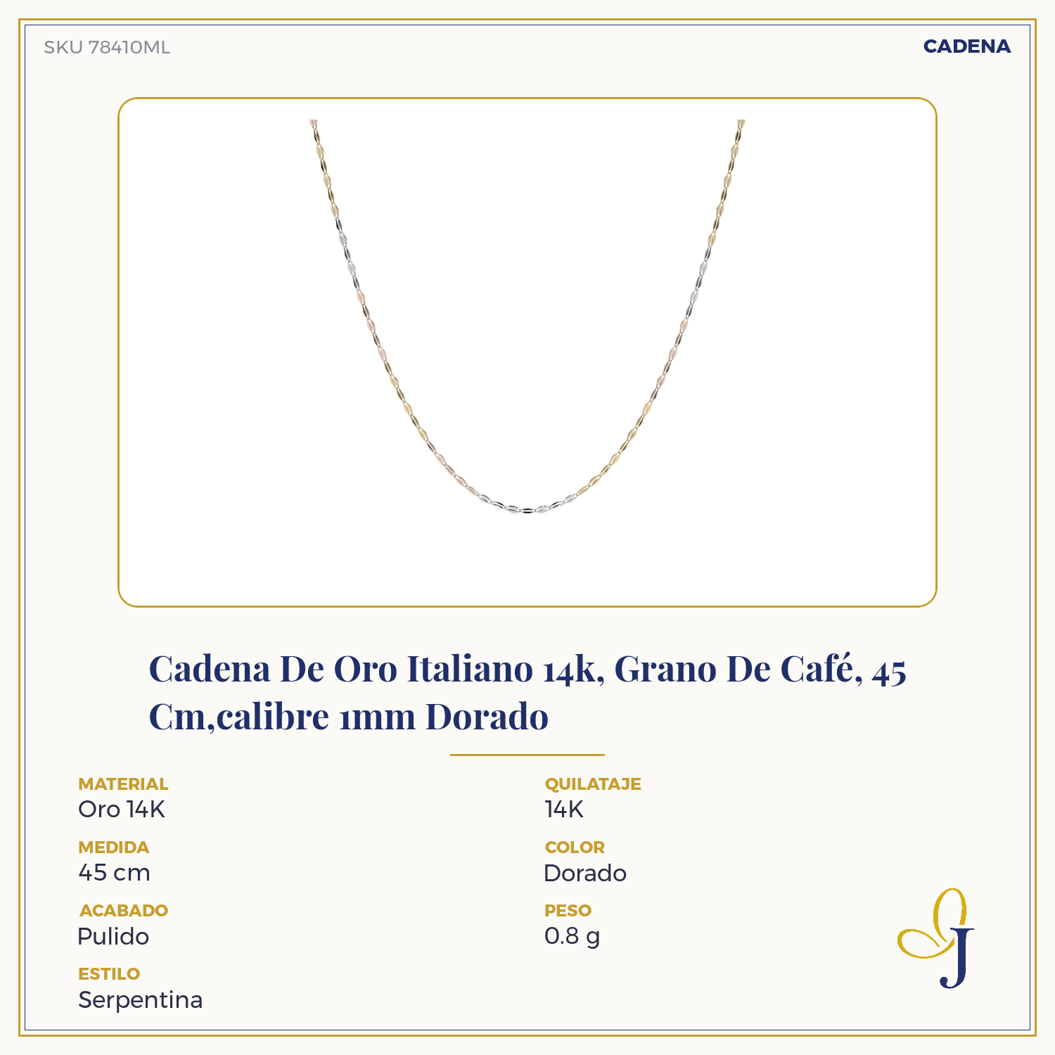 14K Tricolor Gold Coffee Bean Chain | 1mm Italian White, Yellow, and Rose Gold Necklace | 40 to 55 cm