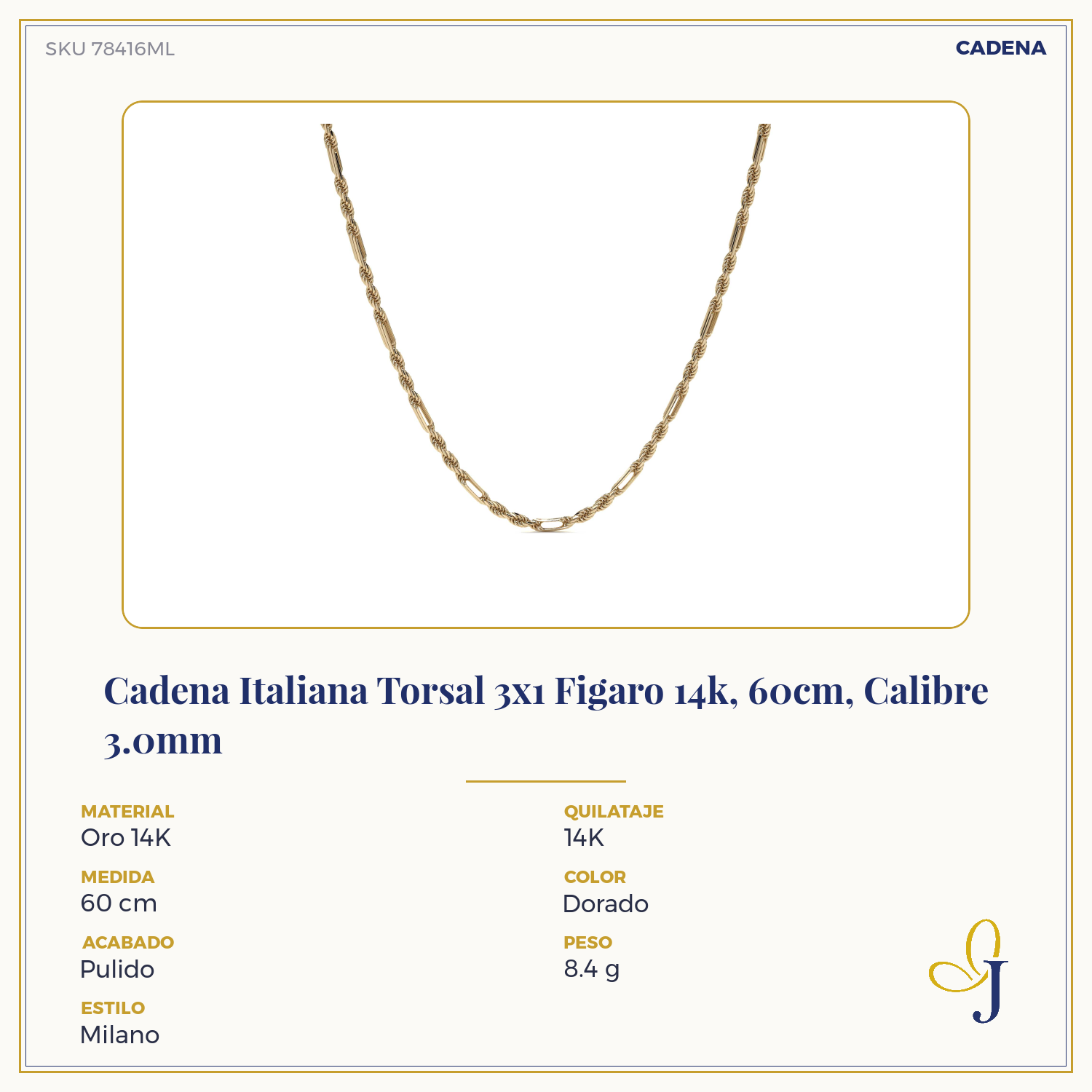 14k Italian Torsal Figaro 3x1 Chain, 60cm, 3.0mm Gauge