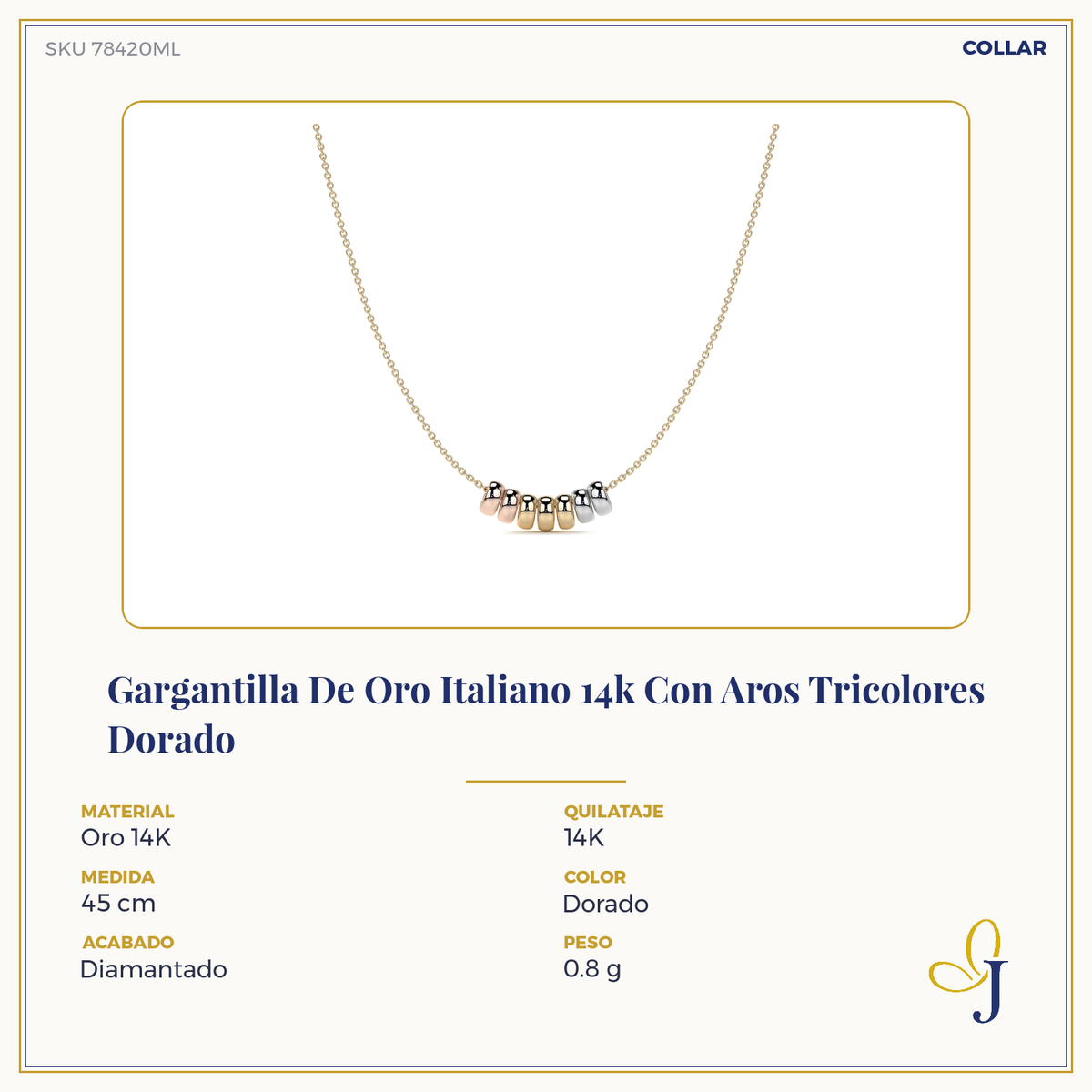 10k Italian Gold Women's Choker Chain, Tricolor Rings