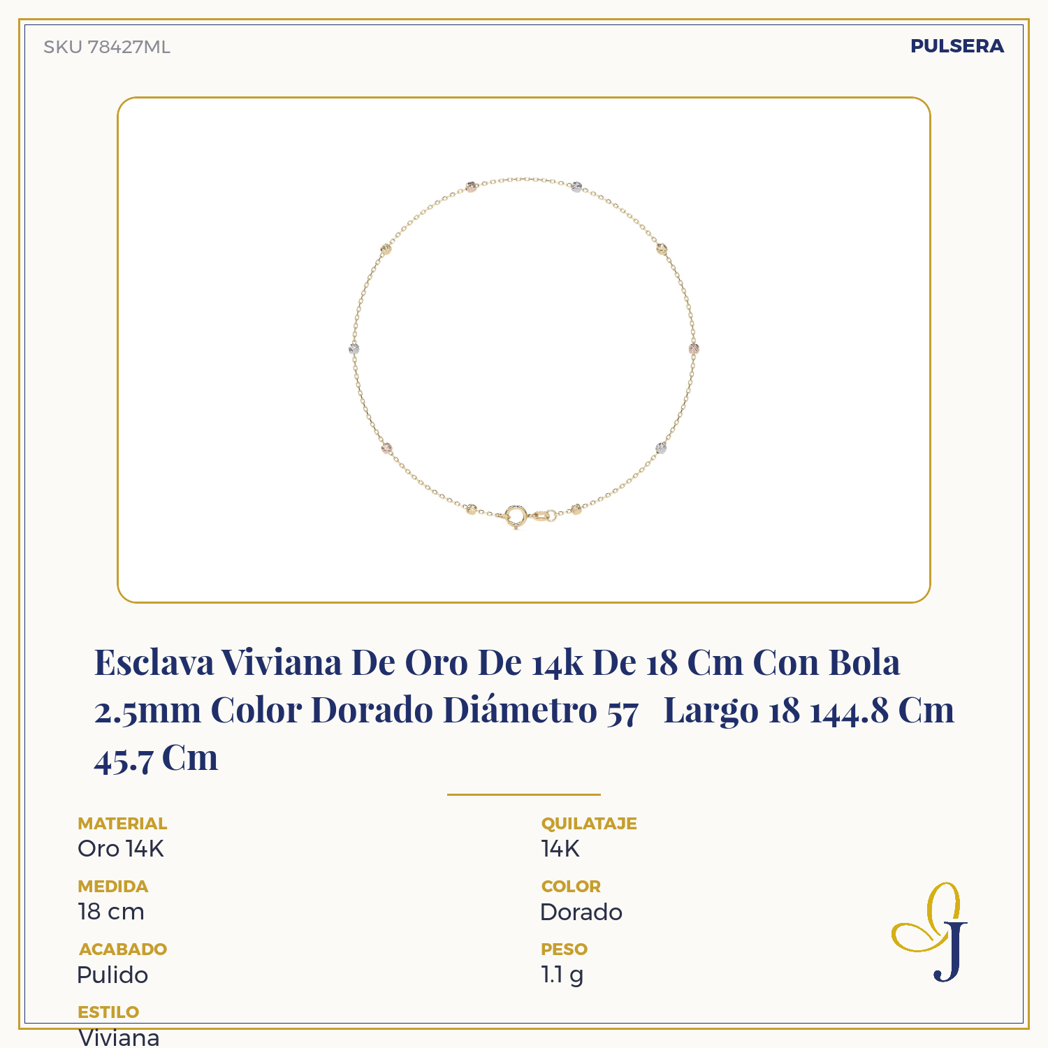 Viviana 14k Gold Slave Bracelet 24cm with 2.5mm Ball