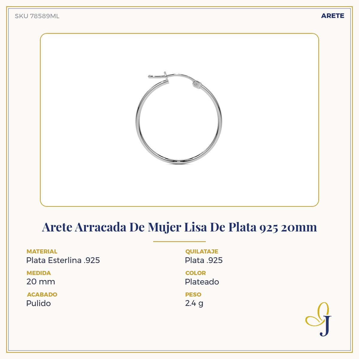Women's 925 Silver Plain Hoop Earring 20mm