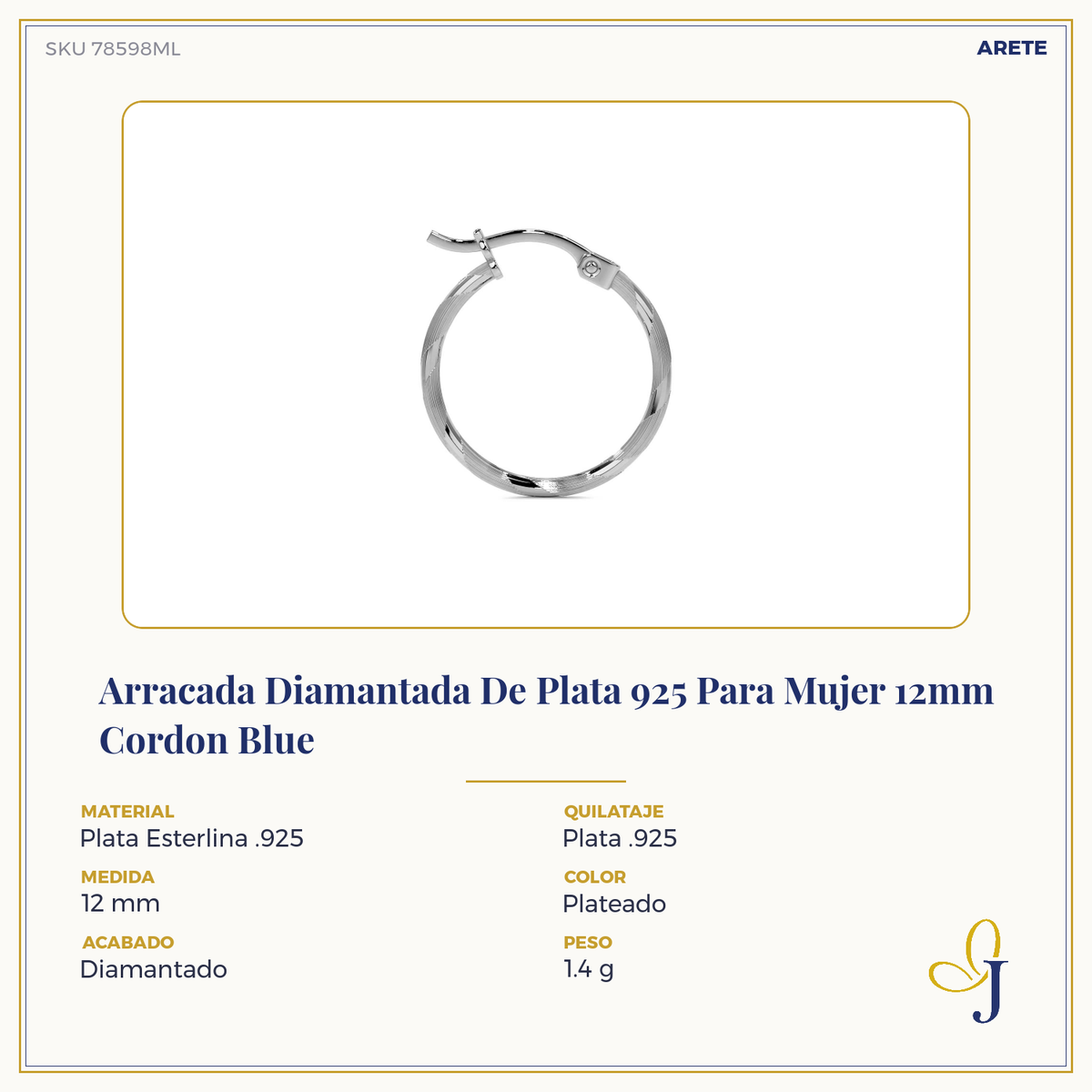 925 Silver Diamond-Cut Hoop Earrings for Women 12mm Blue Cord