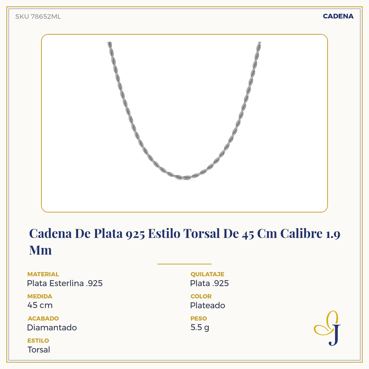 925 Italian Sterling Silver Torsal Chain 1.9mm Gauge in 4 Colors