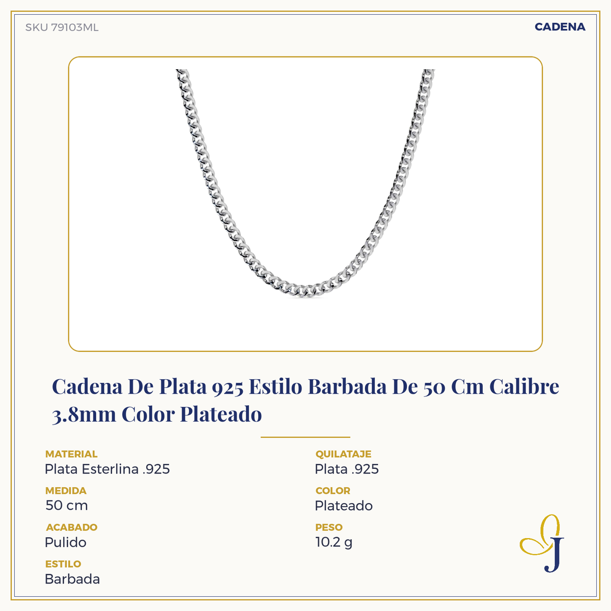 925 Sterling Silver Curb Chain 50 cm, 3.8mm Gauge