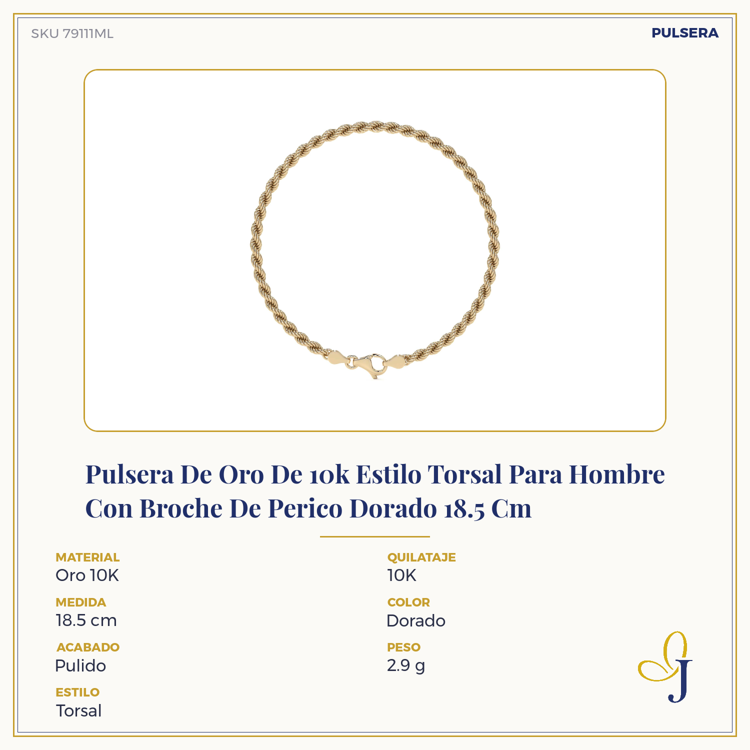 10k Gold Men's Torsal Style Bracelet with Gold-Tone Lobster Clasp, 18.5cm