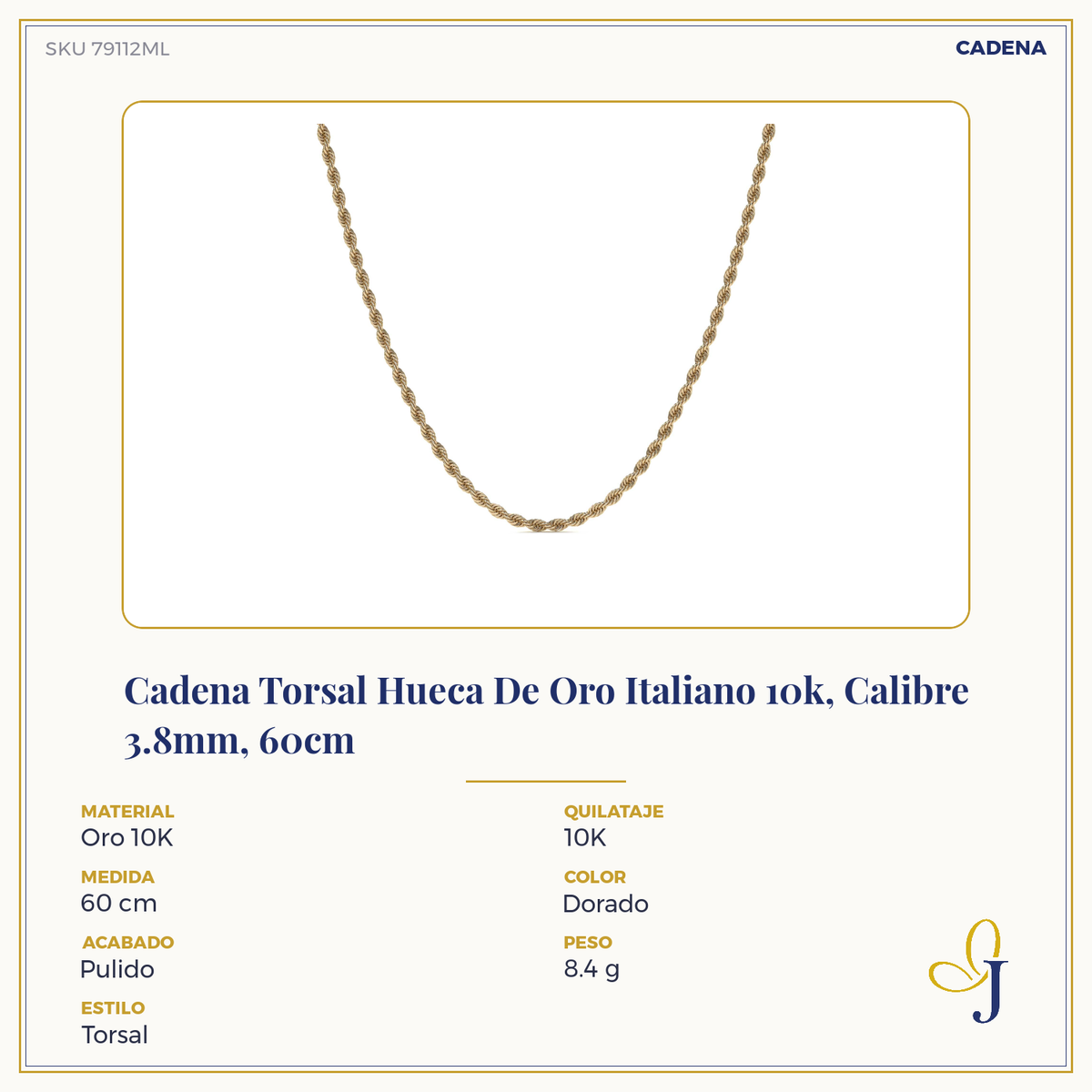 10k Italian Gold Hollow Torsal Chain, 3.8mm Gauge, 60cm
