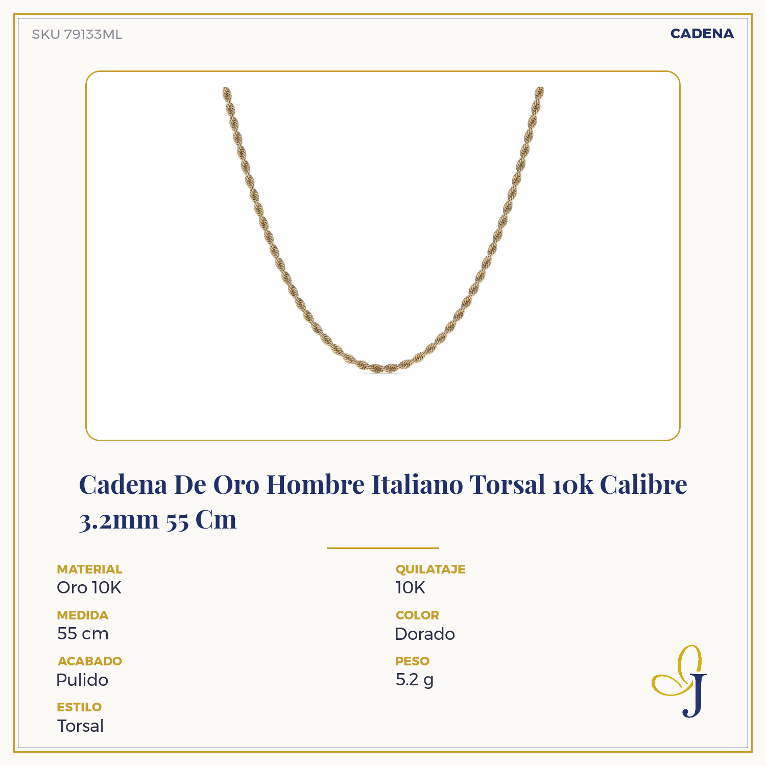 10K Italian Gold Twisted Rope Chain for Men, 3.2mm Gauge, 55 cm