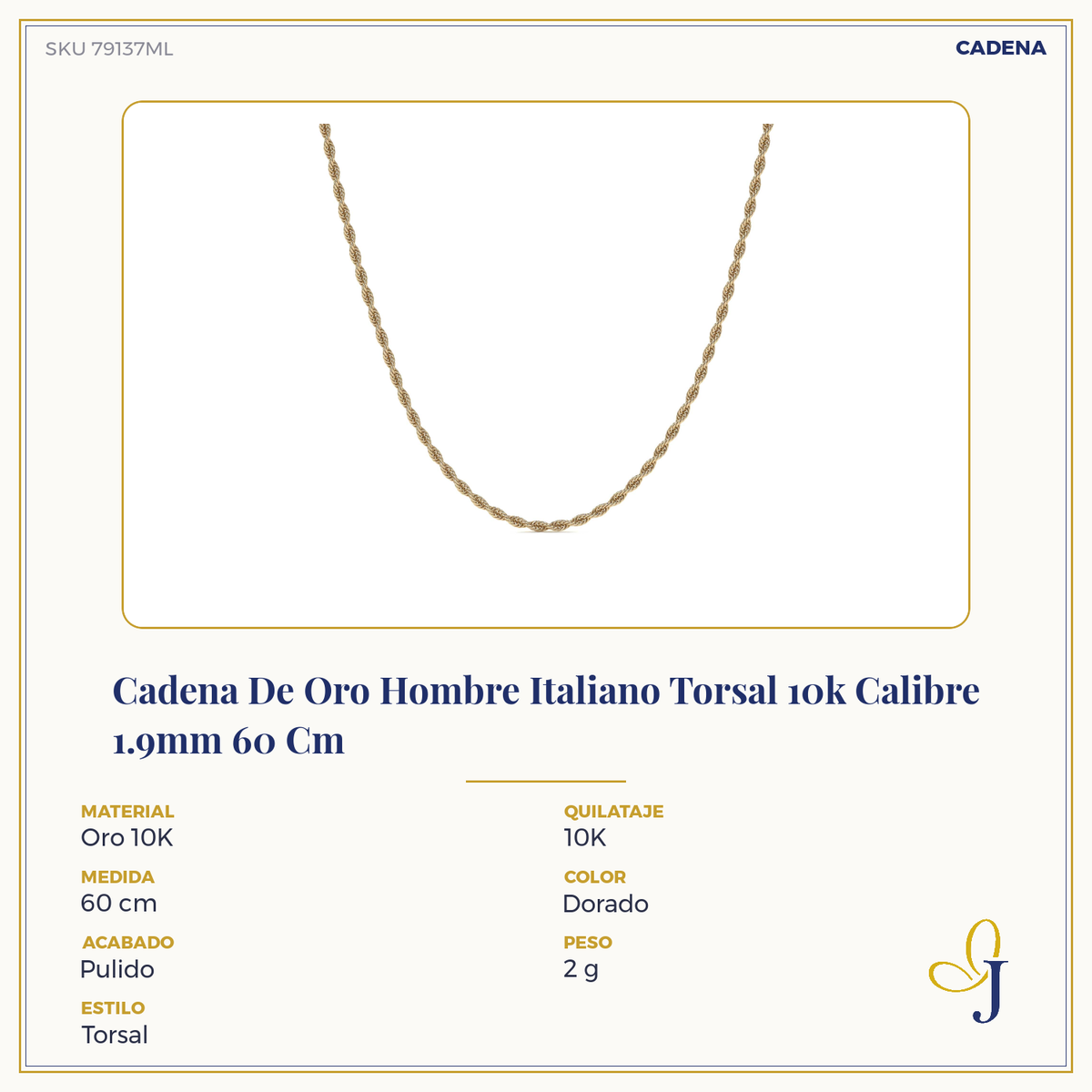 10k Italian Gold Men's Torsal Chain, 1.9mm Gauge, 55cm