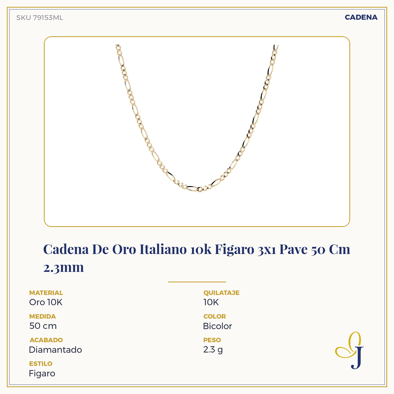 10k Italian Gold Pavé Figaro 3x1 Chain, 50cm, 2.3mm