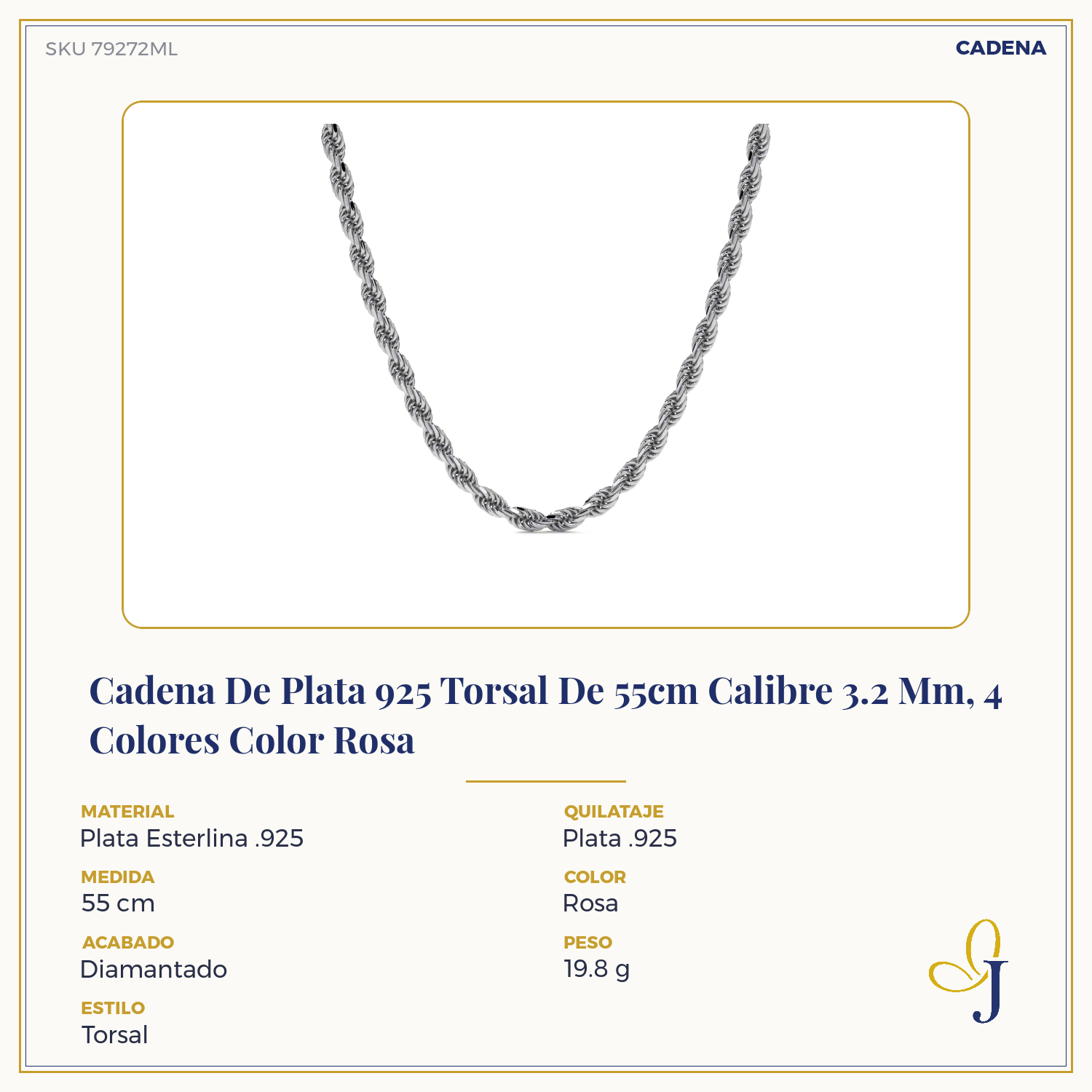 Sterling Silver 925 Torsal Chain 3.2 mm Gauge, 4 Colors