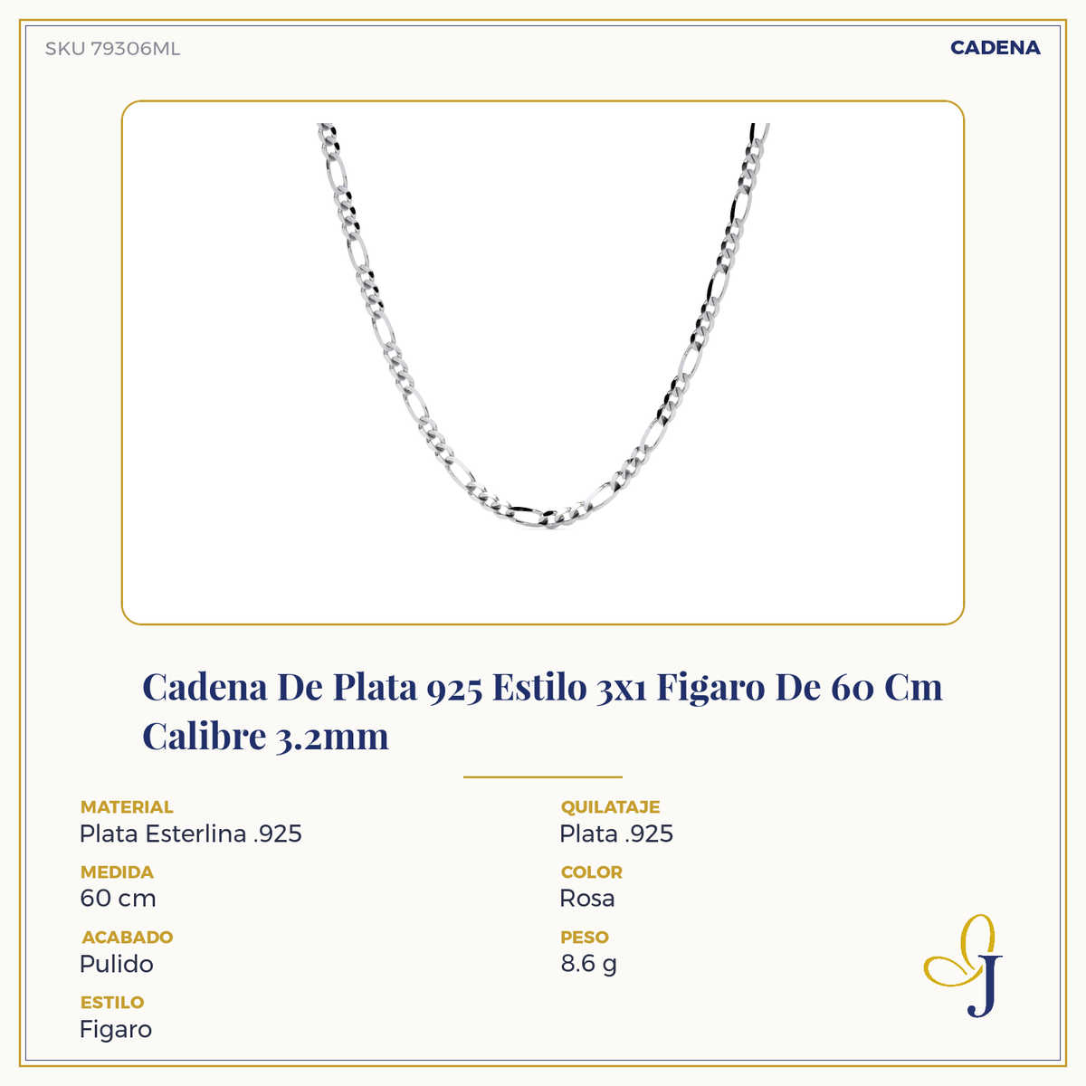 925 Silver Chain 3x1 Figaro Style 3.2mm Gauge in 5 Colors