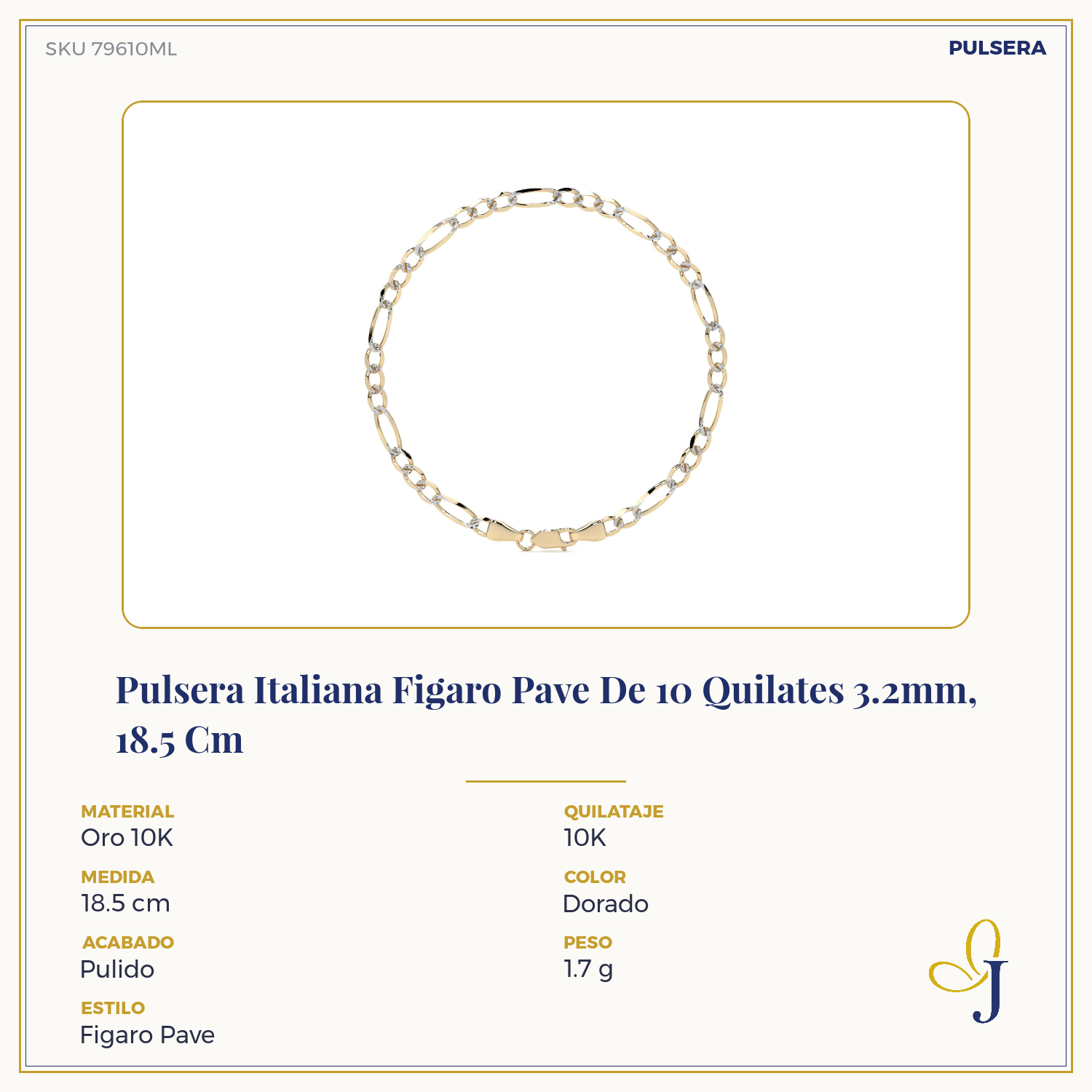 10K Italian Pavé Figaro Bracelet, 3.2mm, 21.5cm