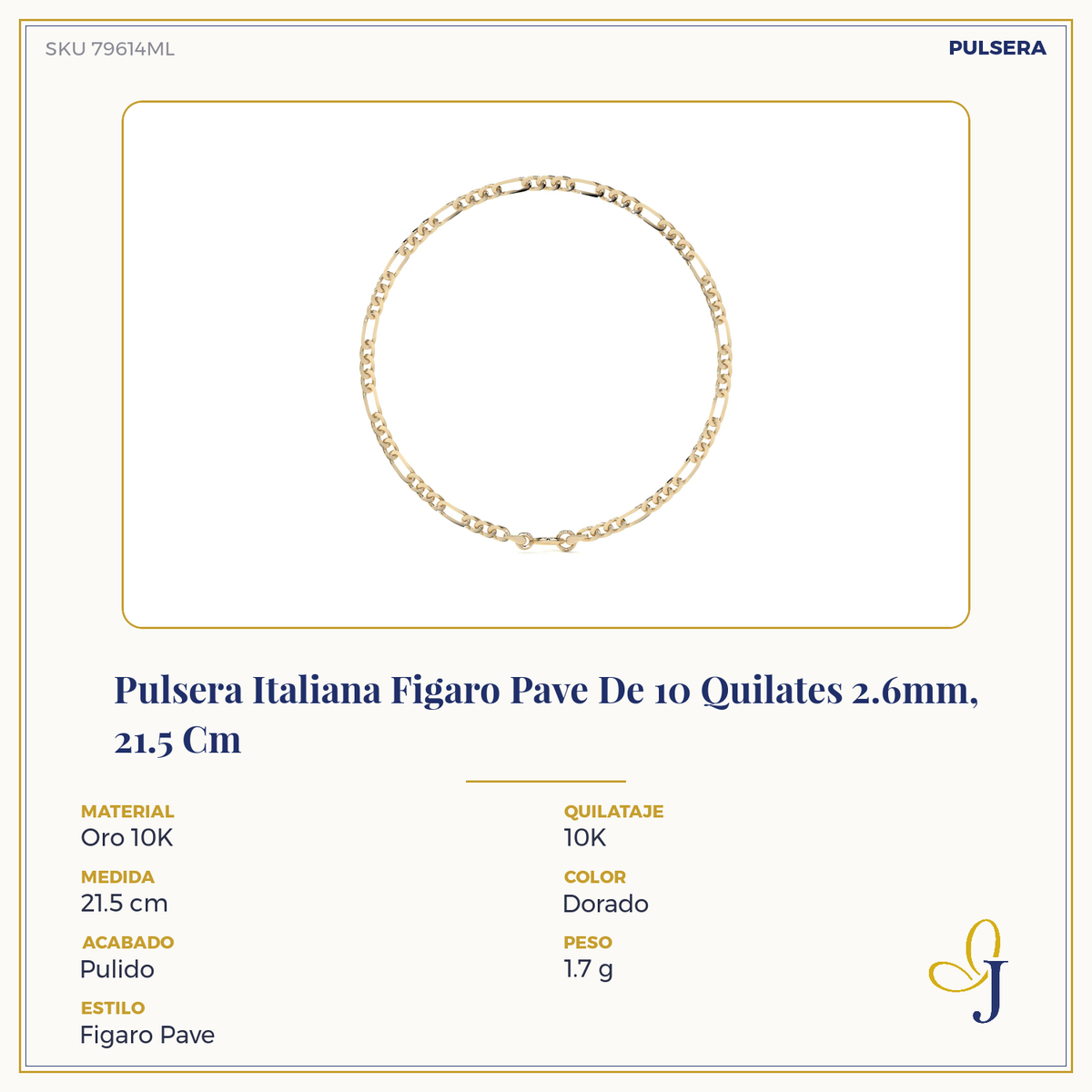 10K Italian Pavé Figaro Bracelet, 2.6mm