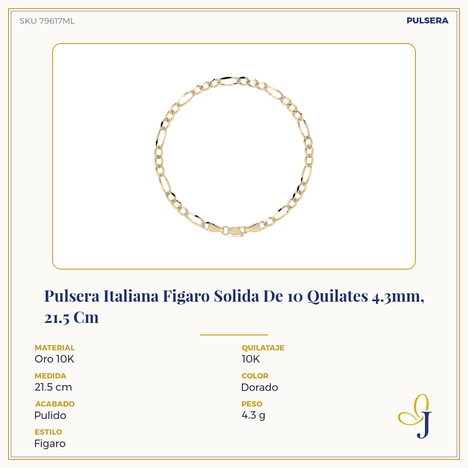 10k Gold Figaro Chain, 4.3mm, 50cm, Classic Italian Design, Gold-Tone