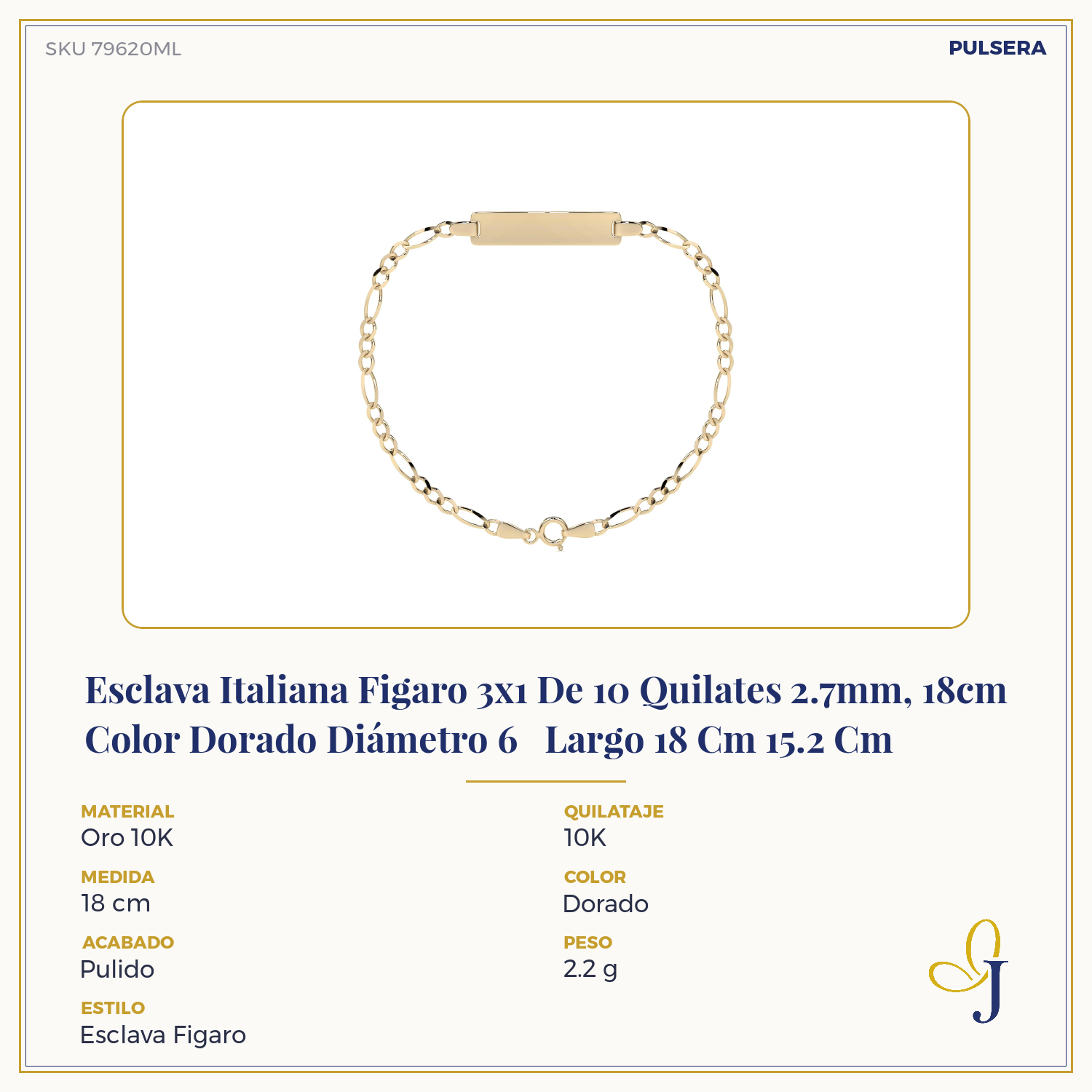 10K Italian Figaro 3x1 Slave Bracelet, 2.7mm, 18cm, Gold-Tone