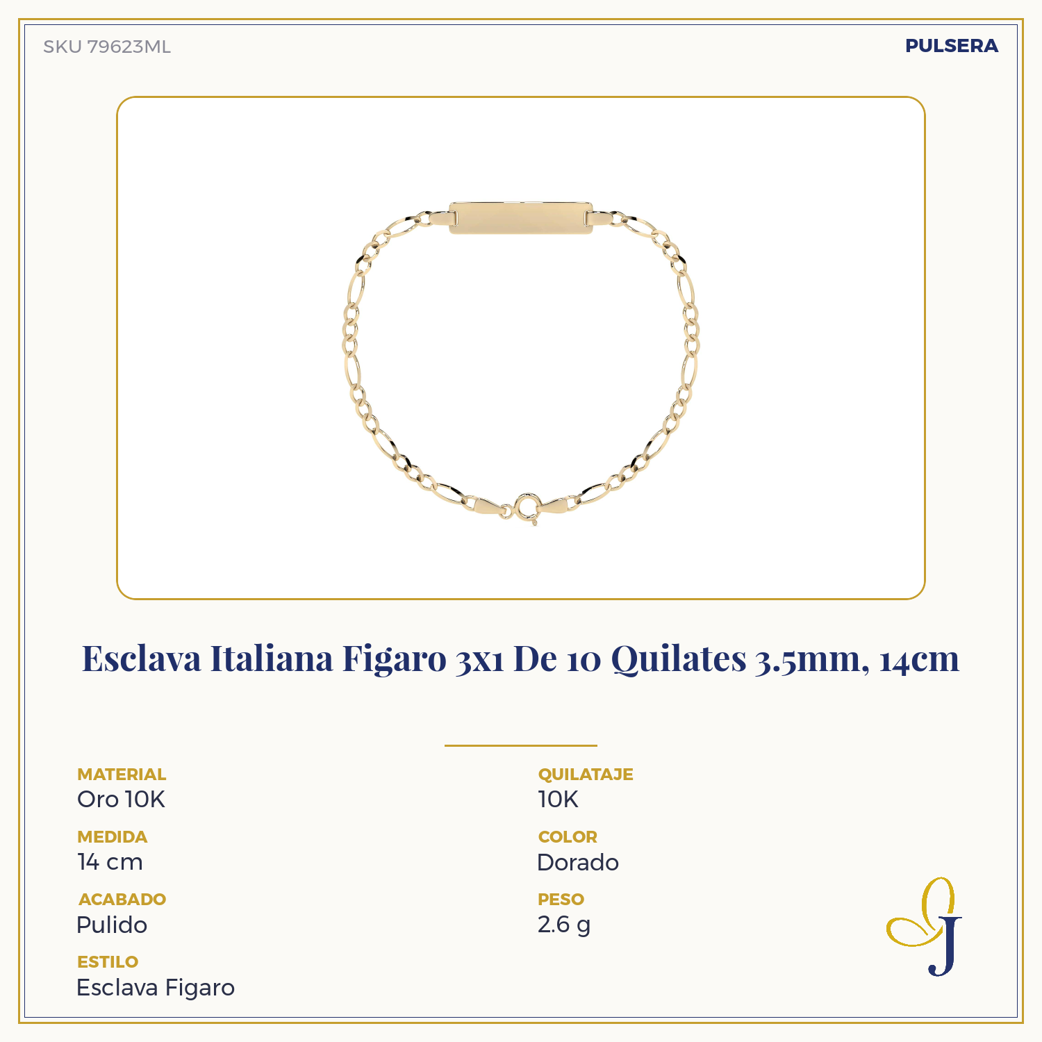 10K Italian Figaro 3x1 Slave Bracelet, 3.5mm, 14cm