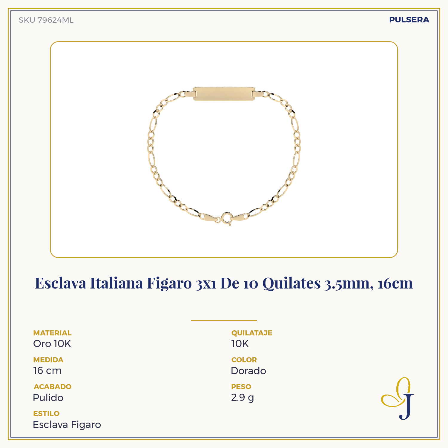 10K Italian Figaro 3x1 Slave Bracelet, 3.5mm, 14cm