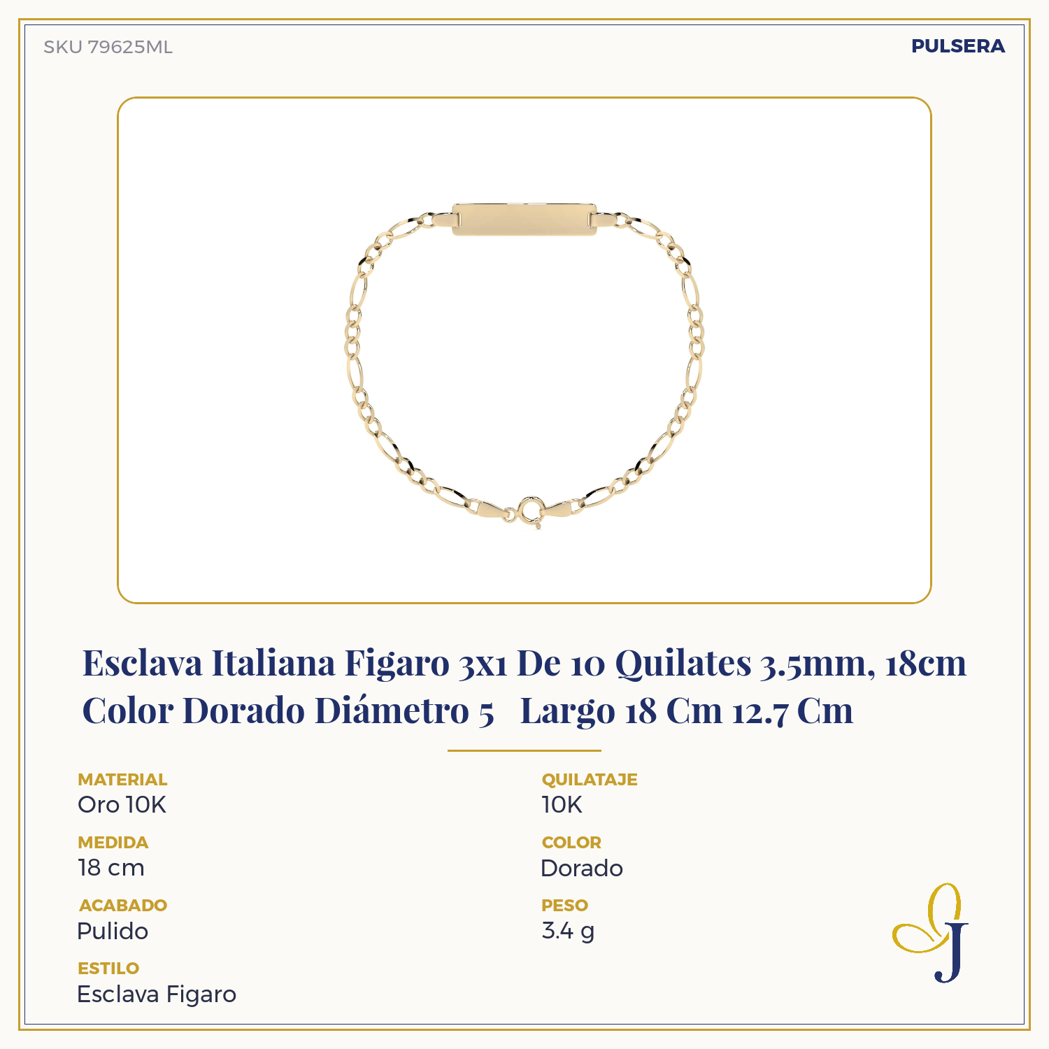 10K Italian Figaro 3x1 Slave Bracelet, 3.5mm, 14cm