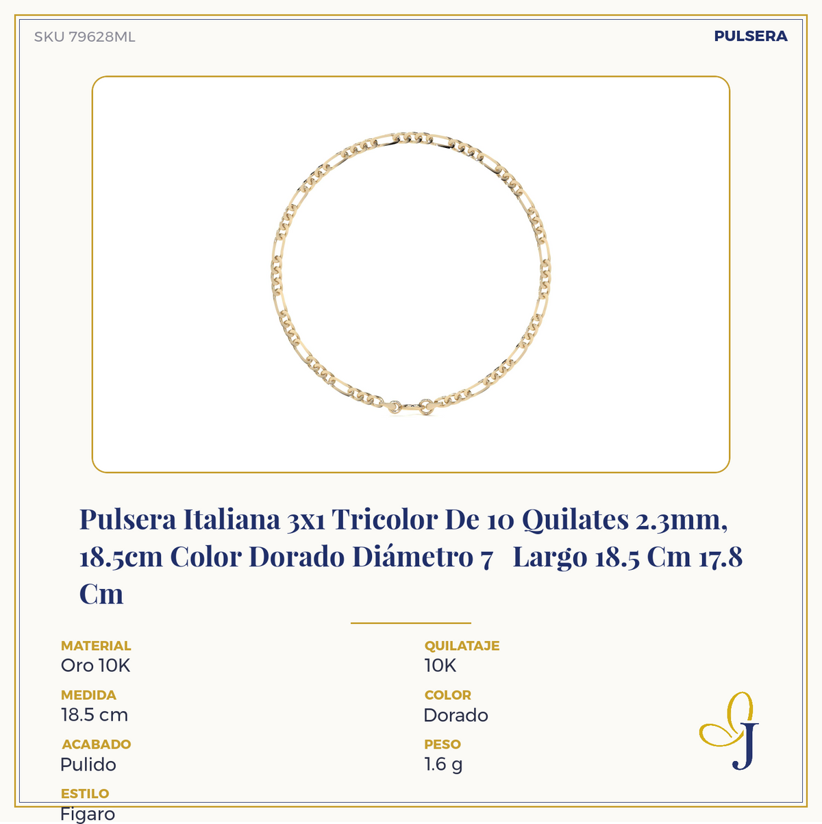 10K Italian Tricolor 3x1 Bracelet, 2.3mm, 18.5cm, Gold-Tone