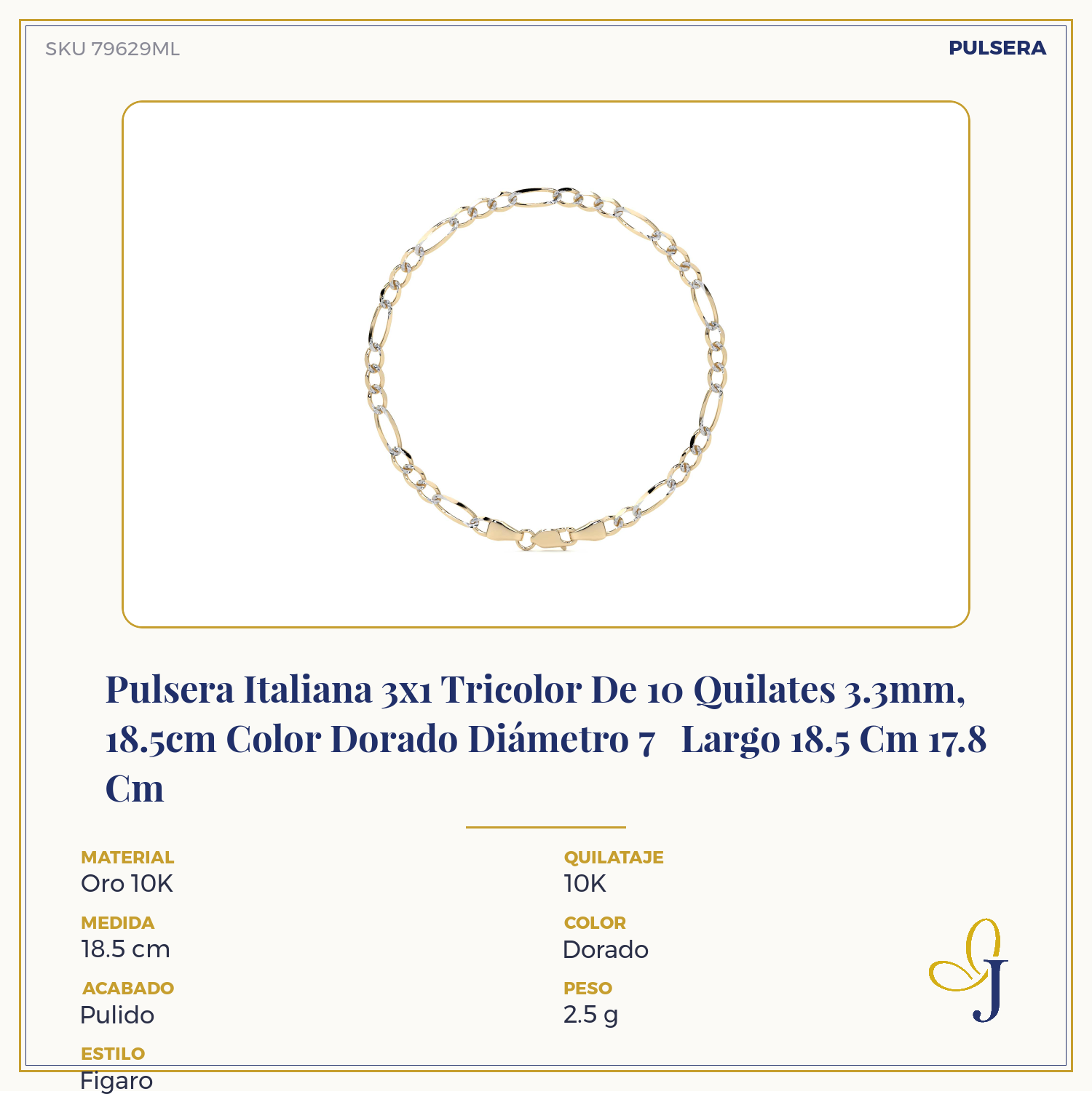 10K Italian Tricolor 3x1 Bracelet, 3.3mm, 18.5cm, Gold-Tone
