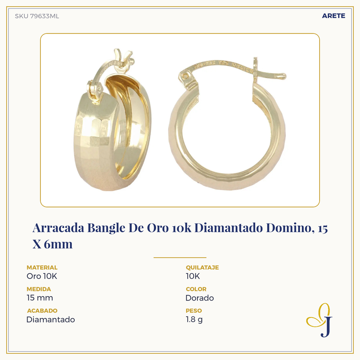10k Gold Diamond-Cut Domino Style Arracada Bangle Earring, 12 x 6mm