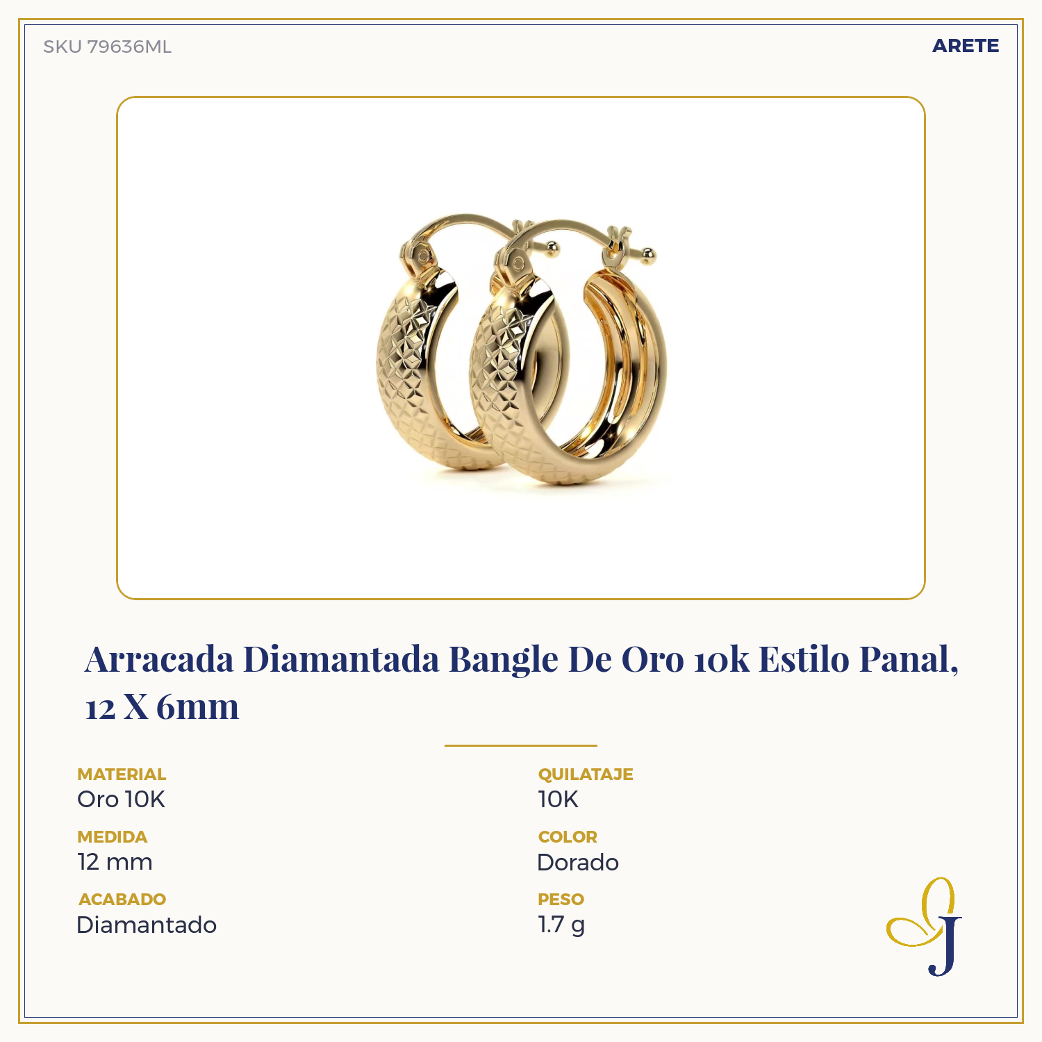 10k Gold Diamond-Cut Arracada Bangle Earring, Honeycomb Style, 12 x 6mm