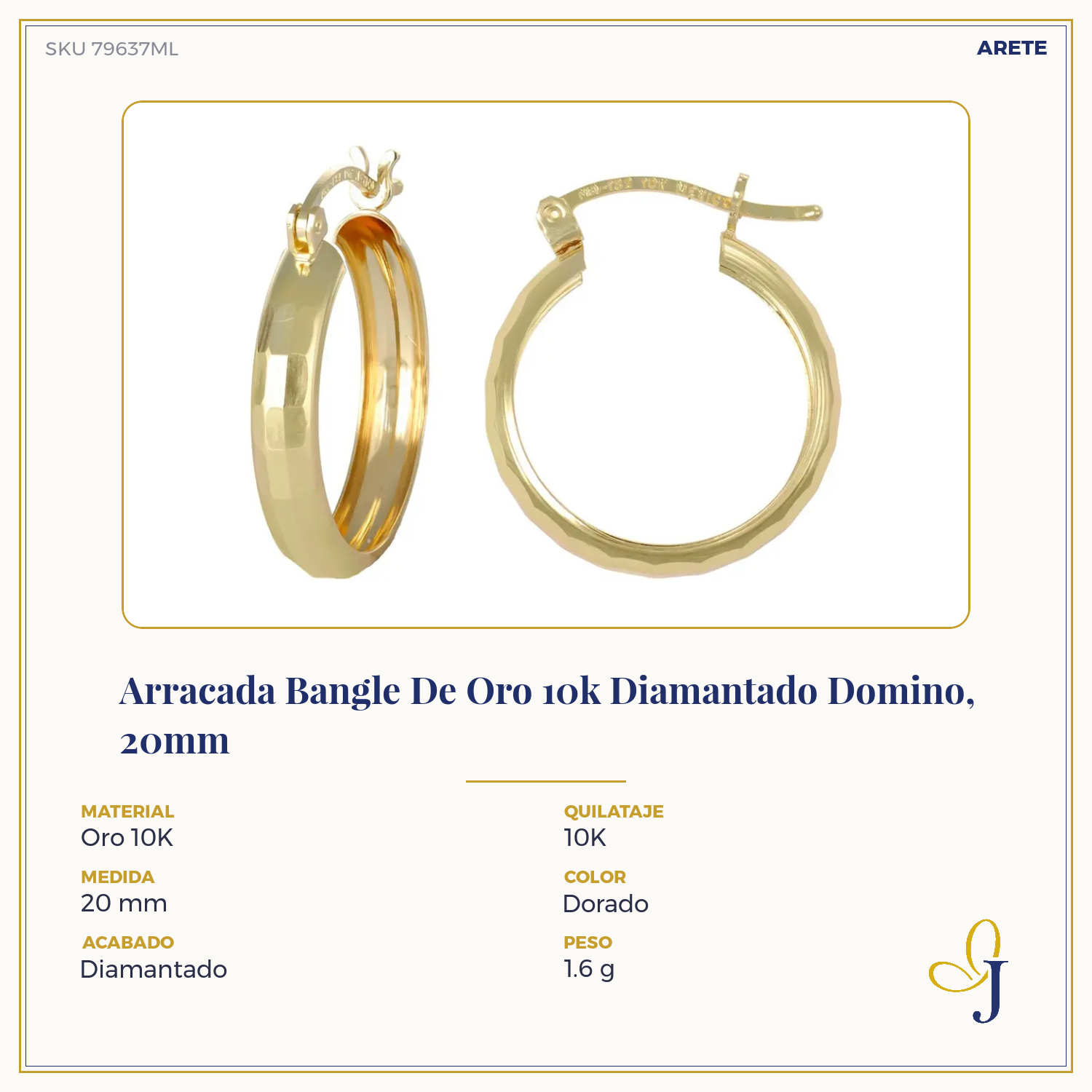 10k Gold Diamond-Cut Domino Style Arracada Bangle Earring, 15mm