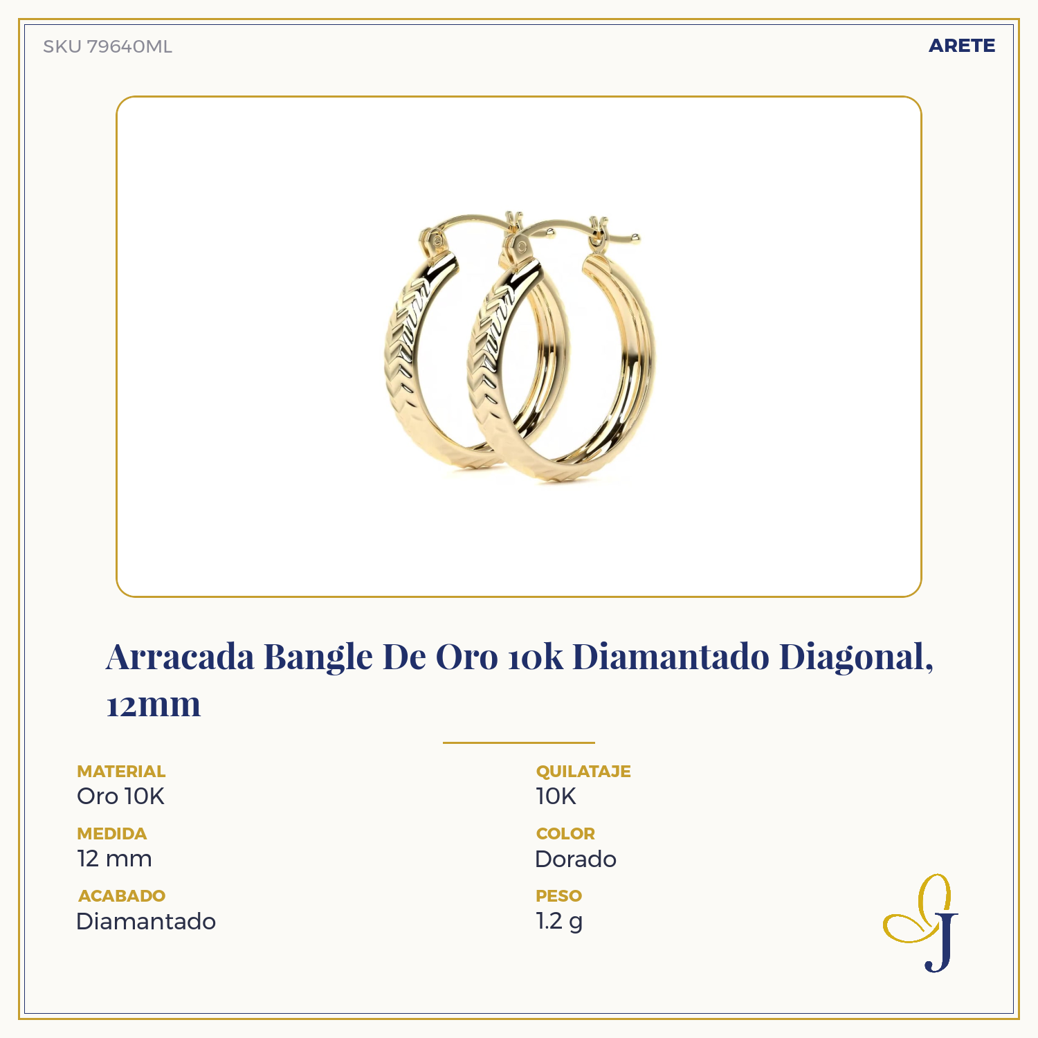 10k Gold Diamond-Cut Diagonal Arracada Bangle Earring, 12mm