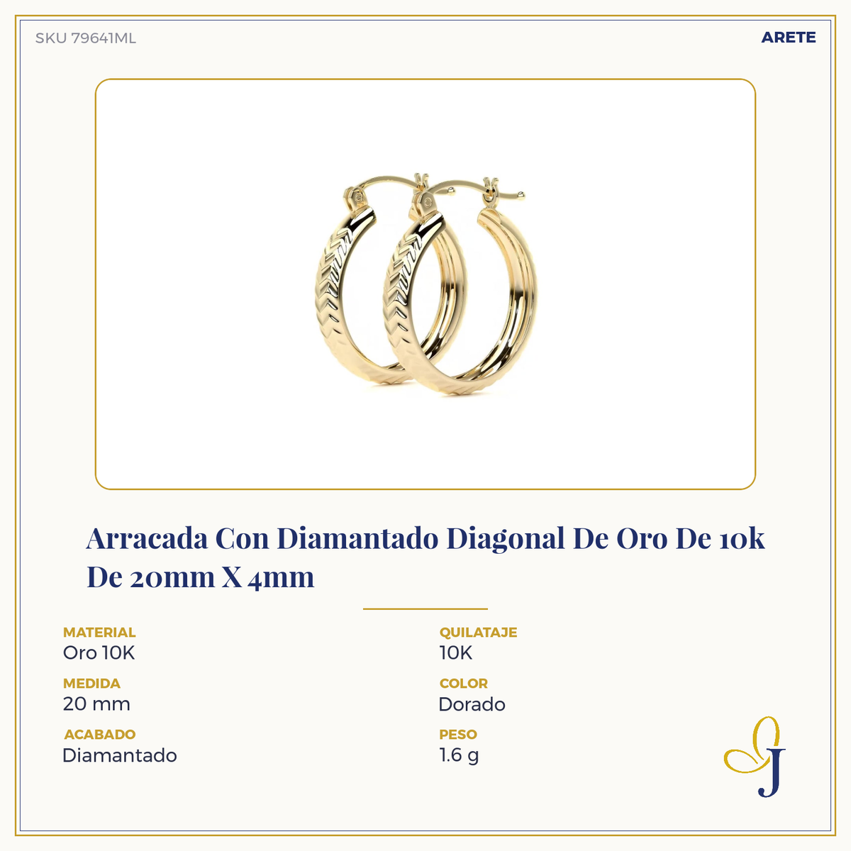 10k Gold Diamond-Cut Diagonal Arracada Bangle Earring, 12mm