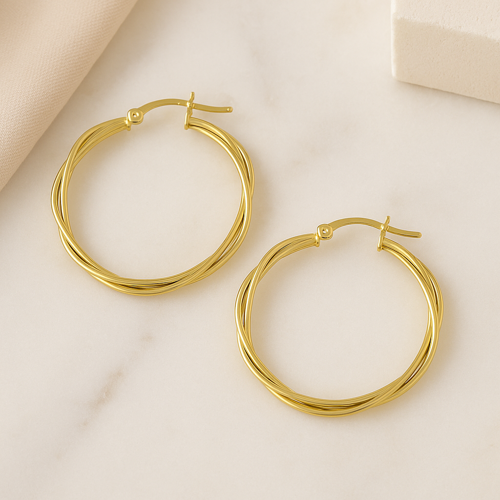 10k Gold Twisted Smooth Tube Hoop Earrings, 35mm