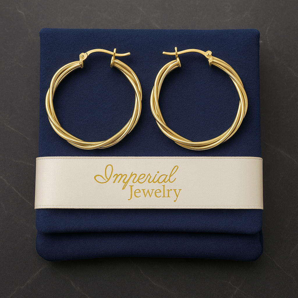 10k Gold Twisted Smooth Tube Hoop Earrings, 35mm