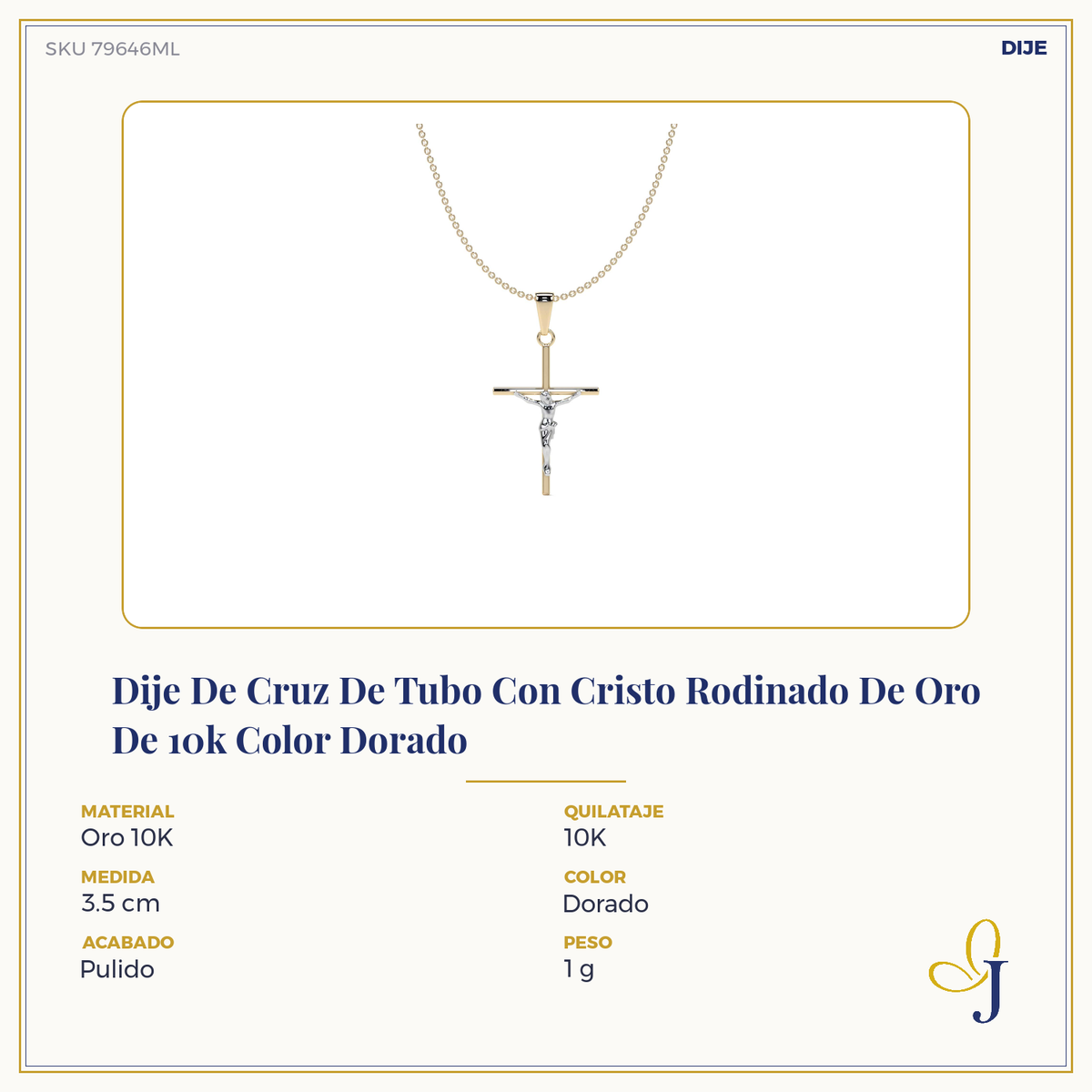 10k Gold Tube Cross Pendant with Rhodium-Plated Christ