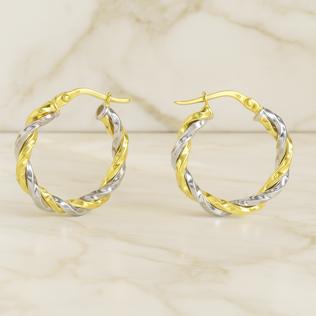 14K Yellow and White Gold Twisted Tube Hoop Earrings