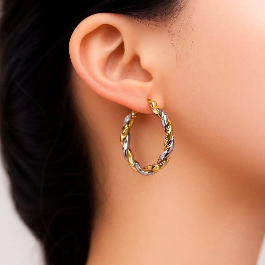 14K Yellow and White Gold Twisted Tube Hoop Earrings