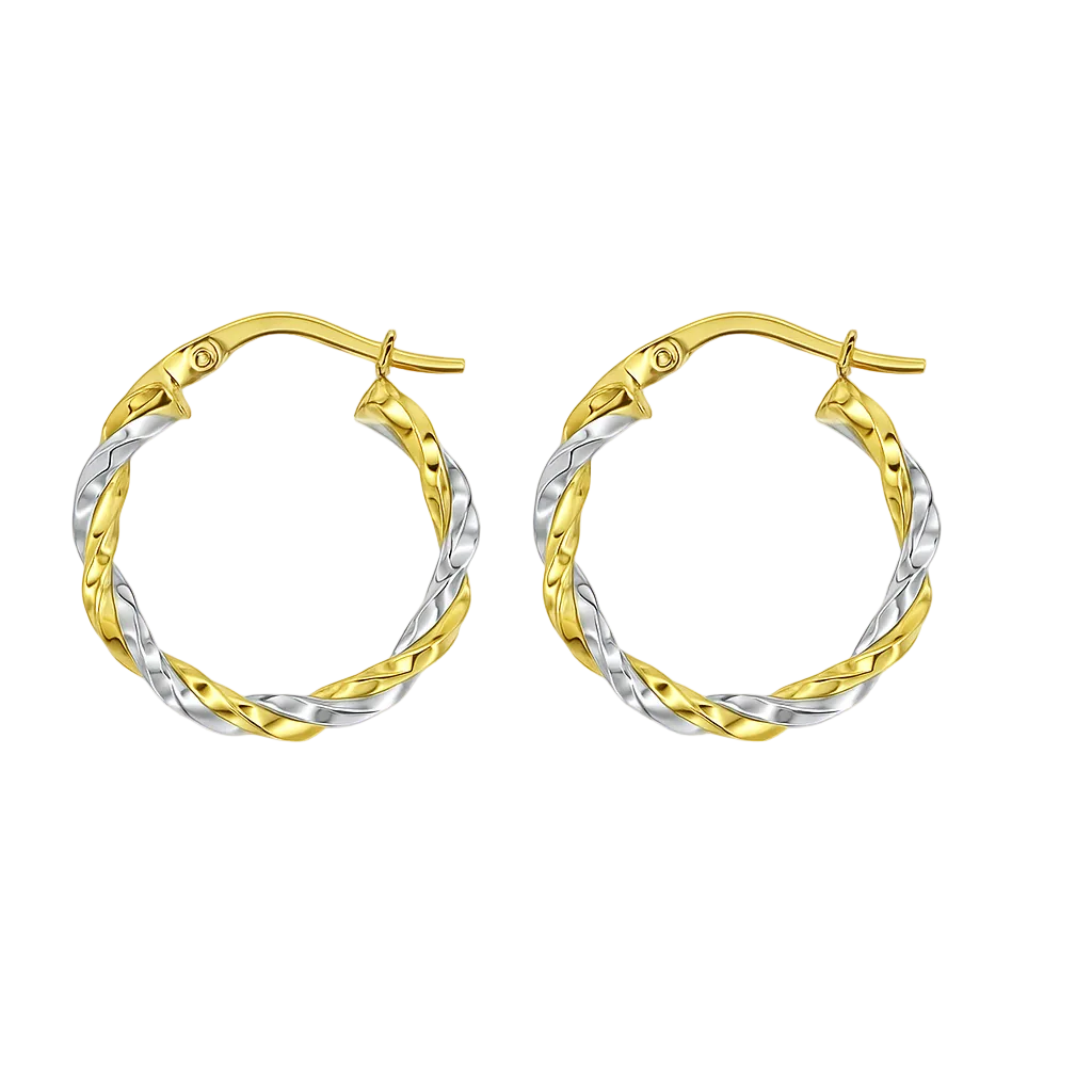 14K Yellow and White Gold Twisted Tube Hoop Earrings