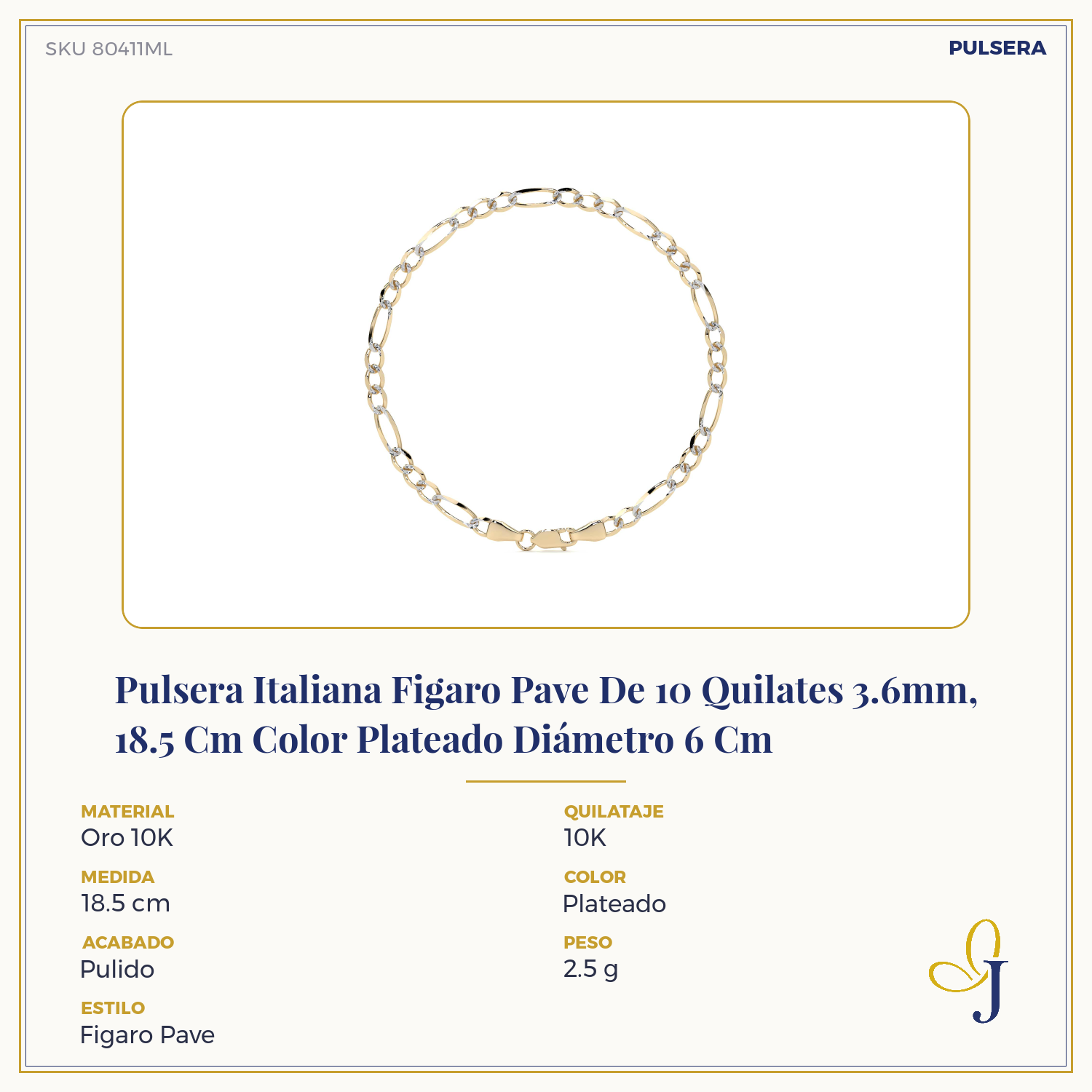 Italian Figaro Pave Bracelet, 10K, 3.6mm, 18.5 cm
