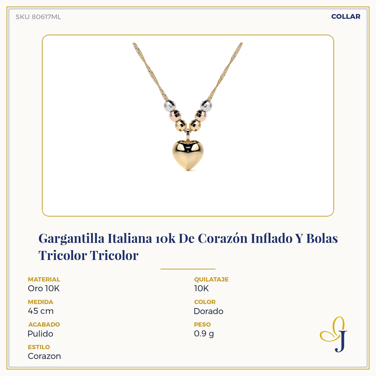 10k Italian Tri-Color Bead and Puffed Heart Necklace