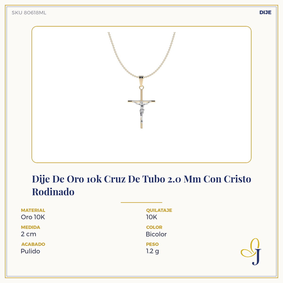 10k Gold Tube Cross Pendant with Rhodium-Plated Christ