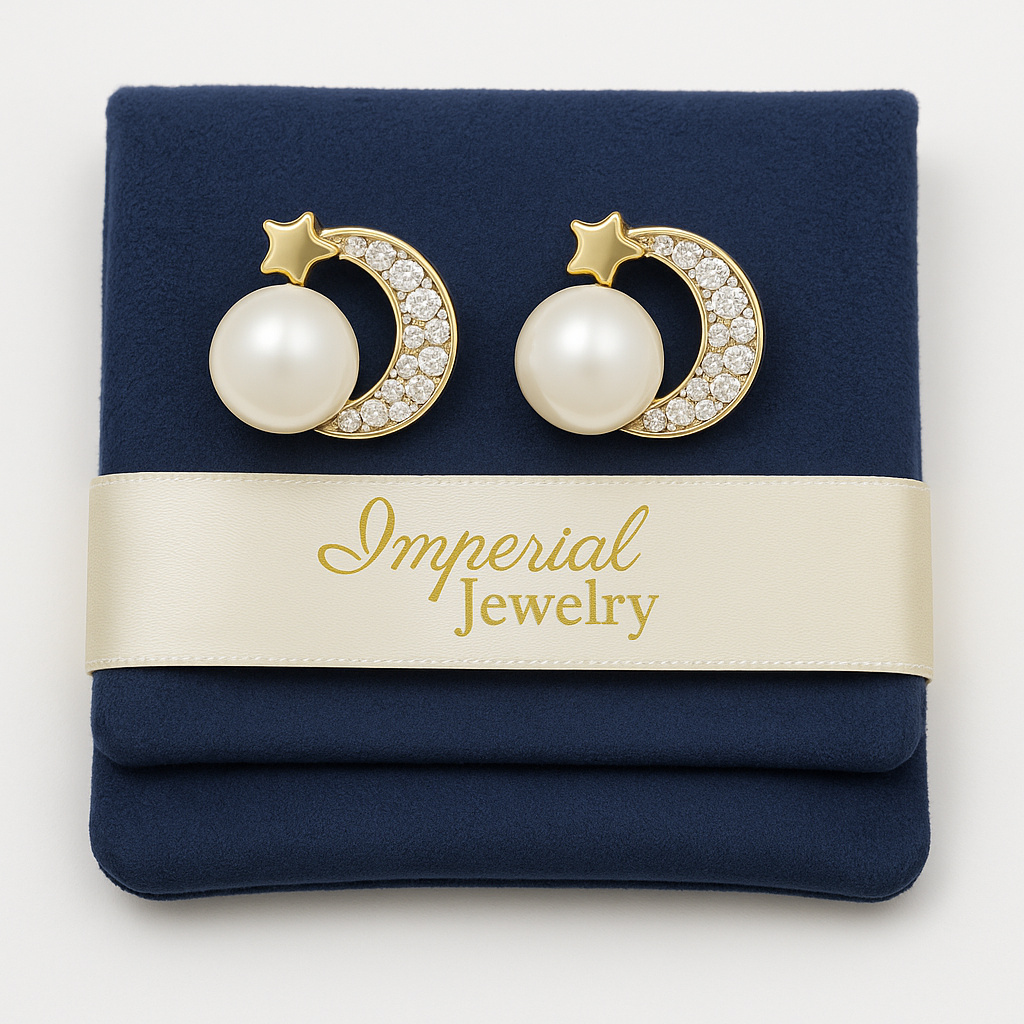 10k Gold Moon Earrings with Zirconia and Pearl