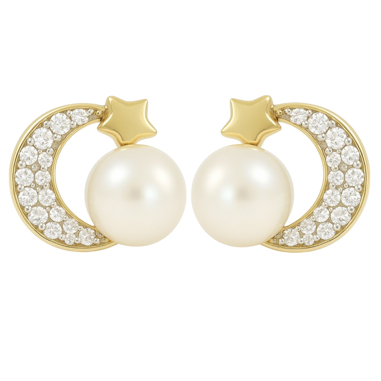10k Gold Moon Earrings with Zirconia and Pearl