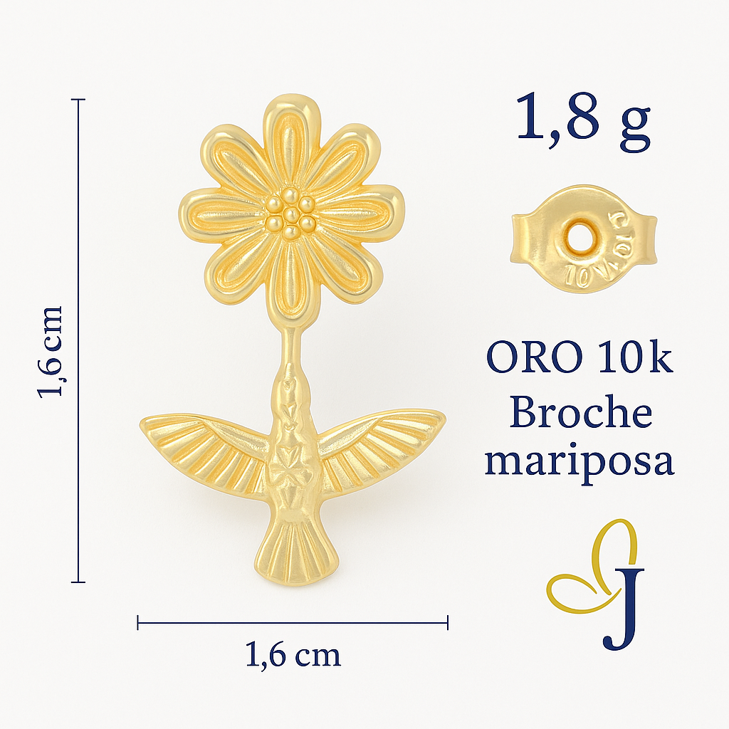 10K Gold Hummingbird with Flower Stud Earring