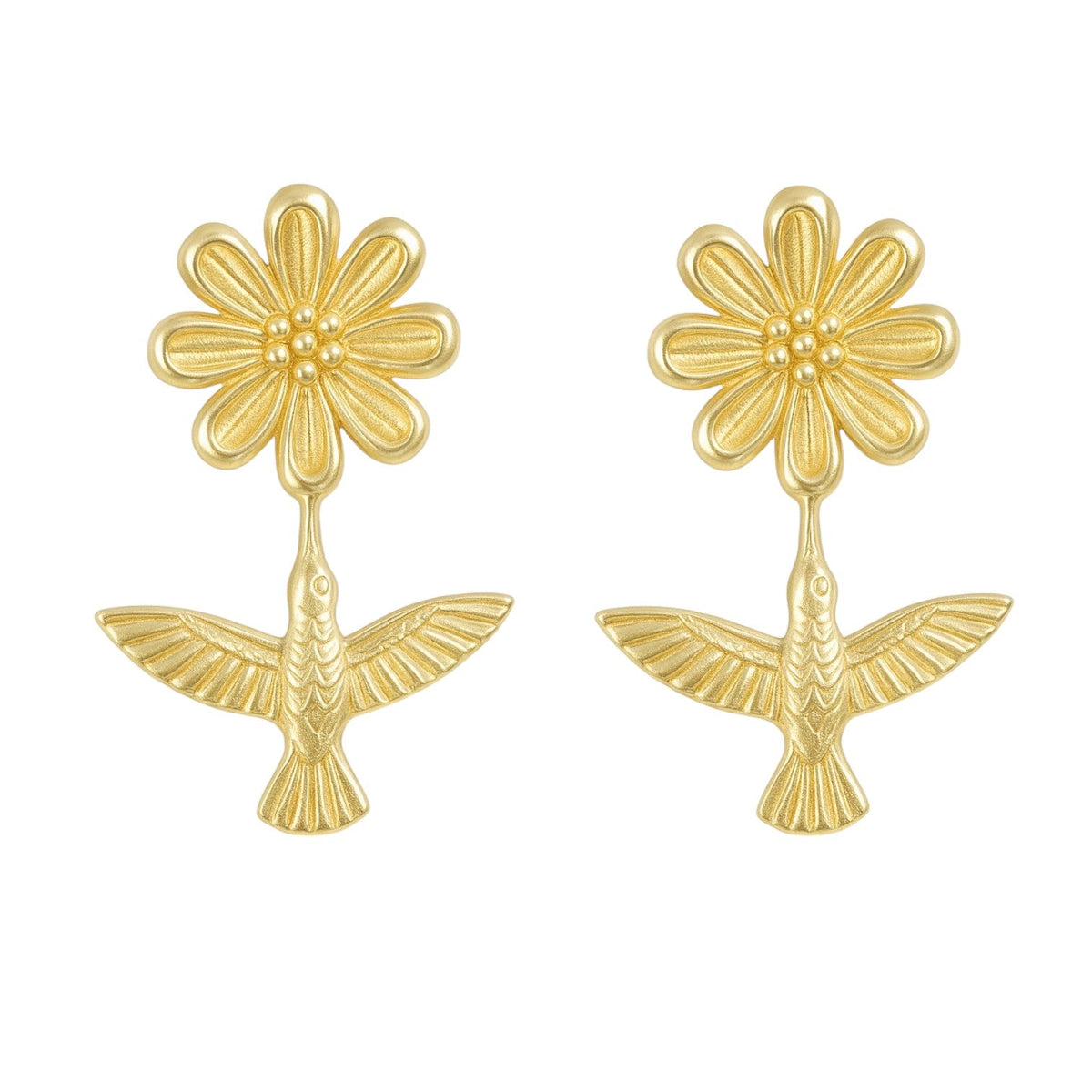 10K Gold Hummingbird with Flower Stud Earring